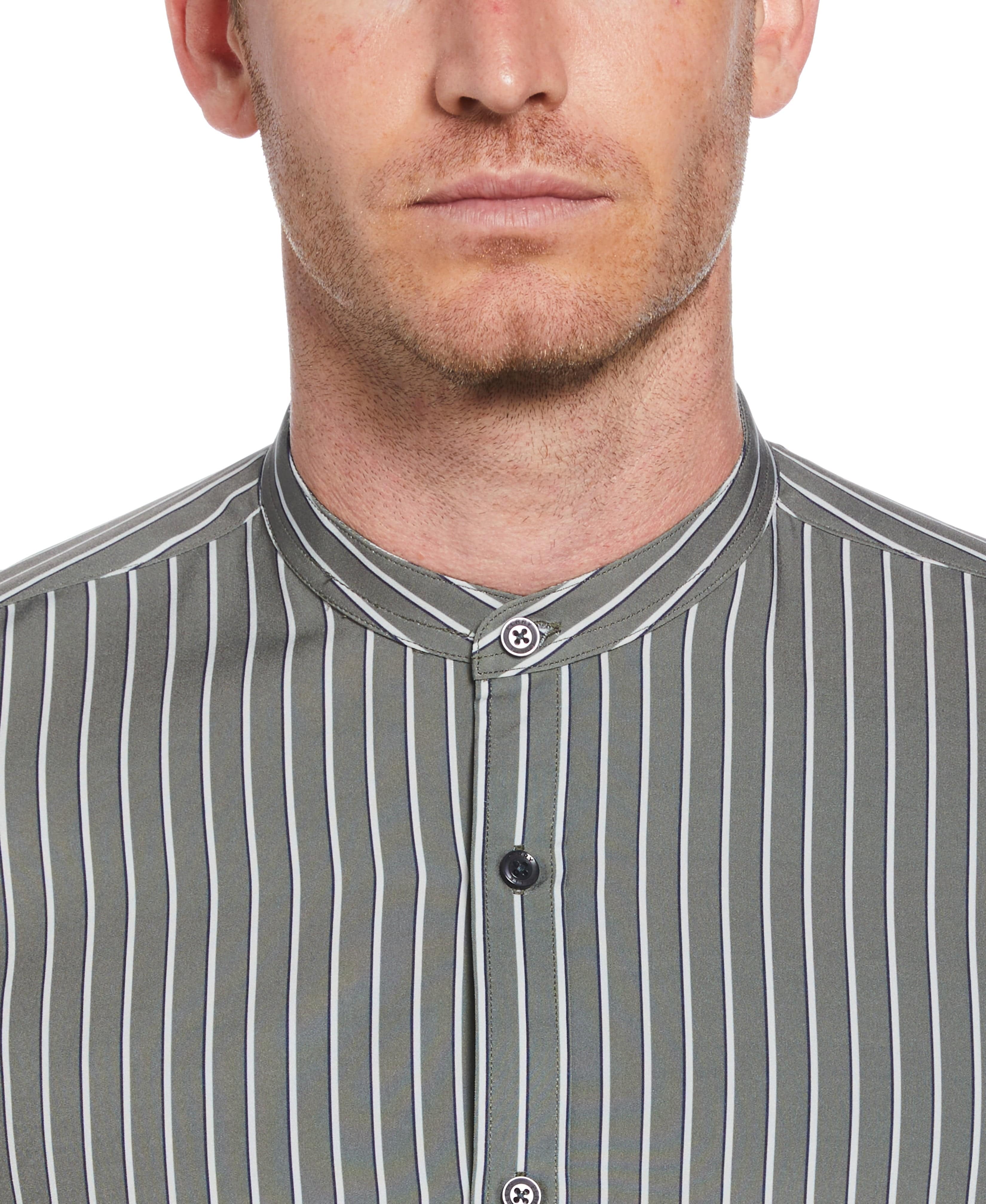 Slim Fit Band Collar Tri-Stripe Shirt - Image 3