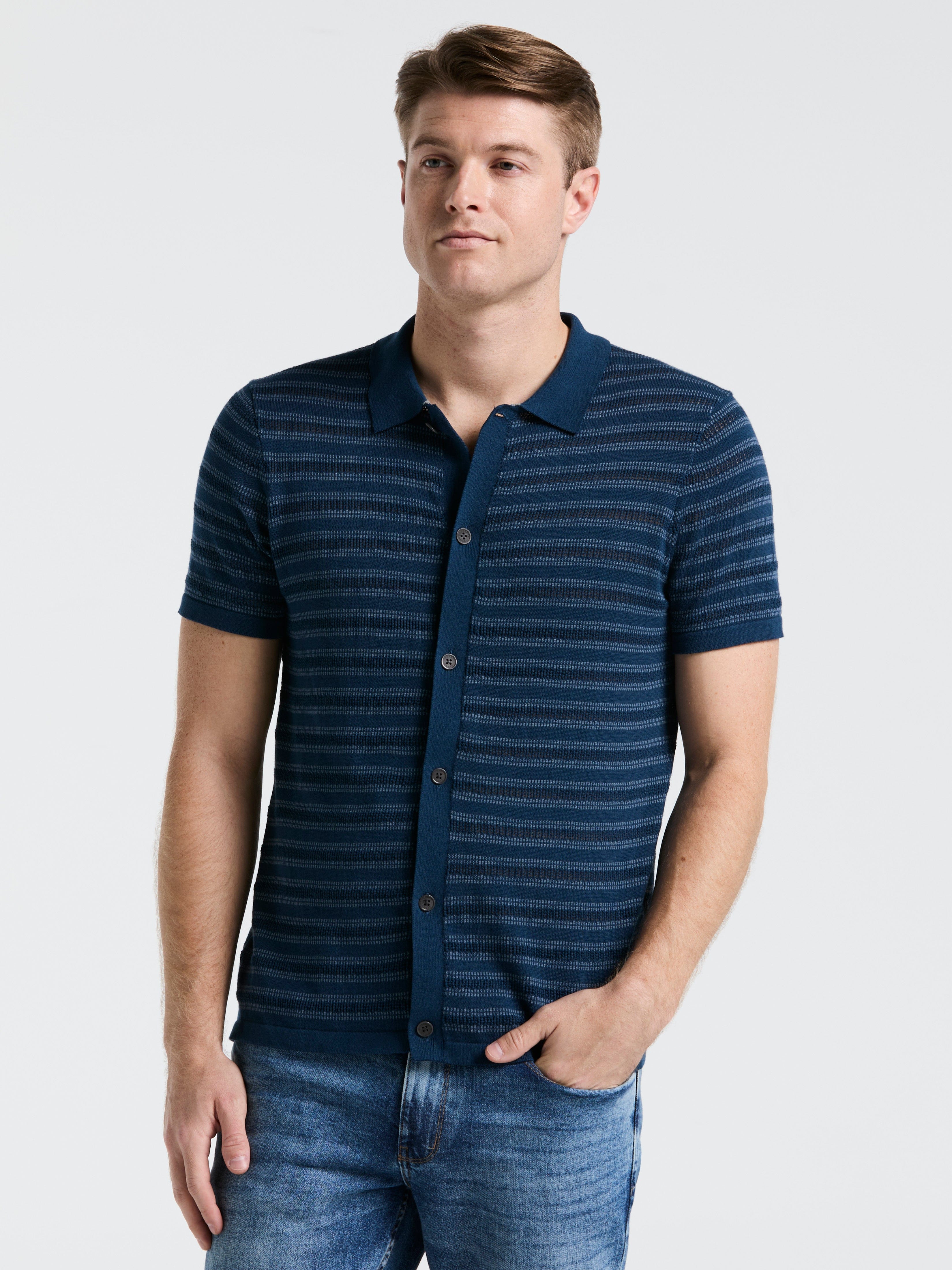 Button-Front Striped Polo Sweater