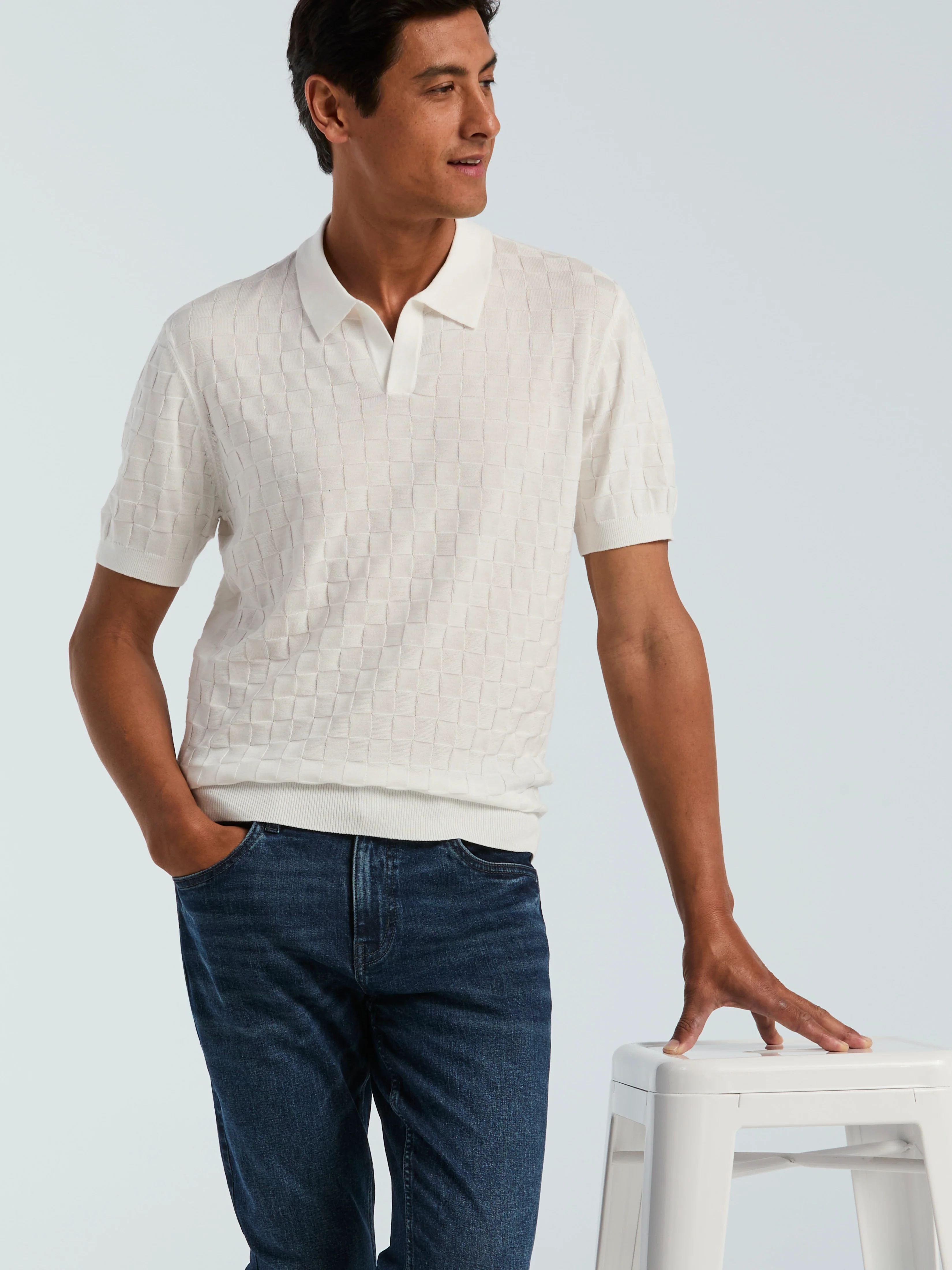 Square Pattern Open Collar Polo - Image 3