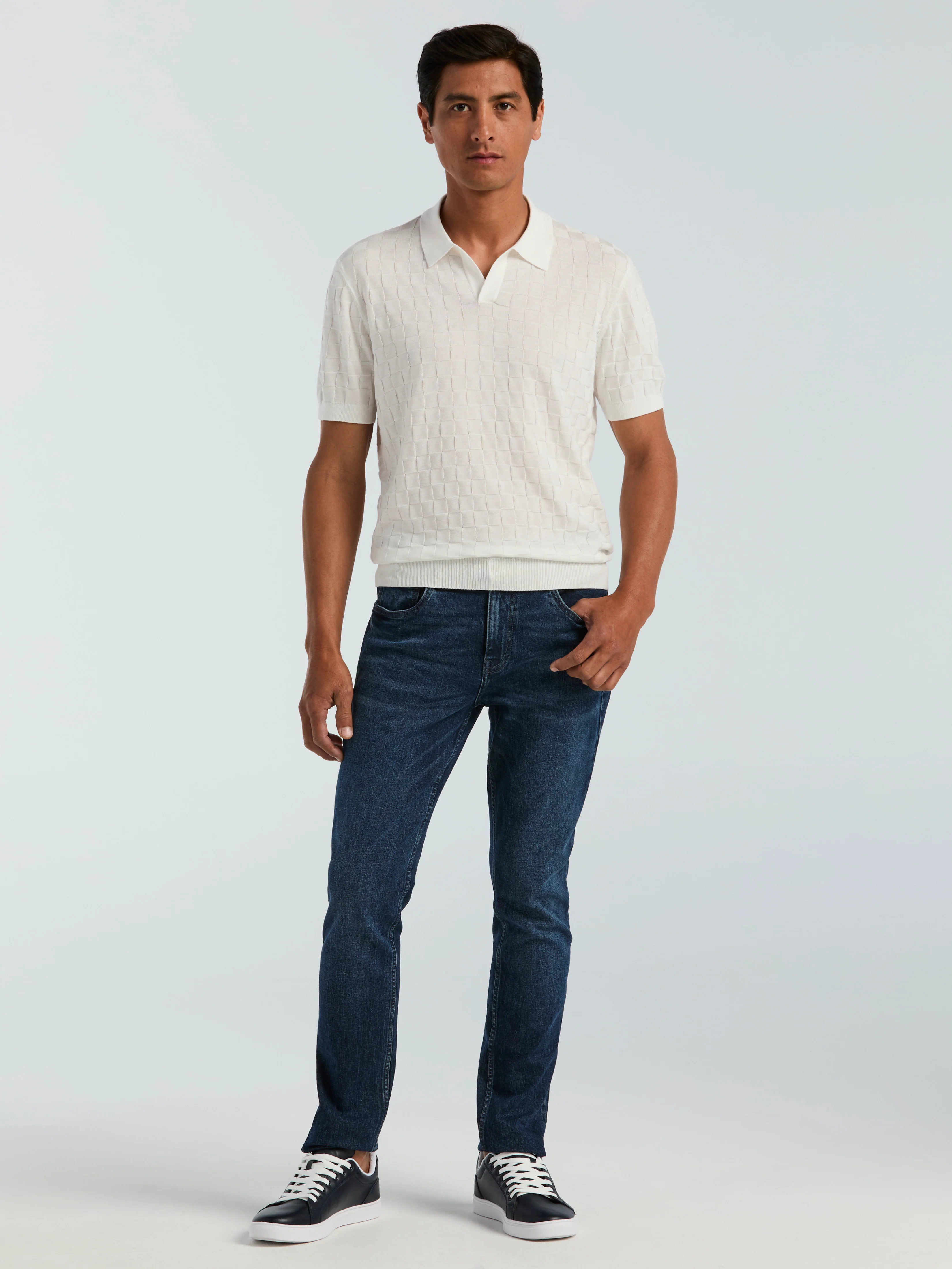 Square Pattern Open Collar Polo - Image 5