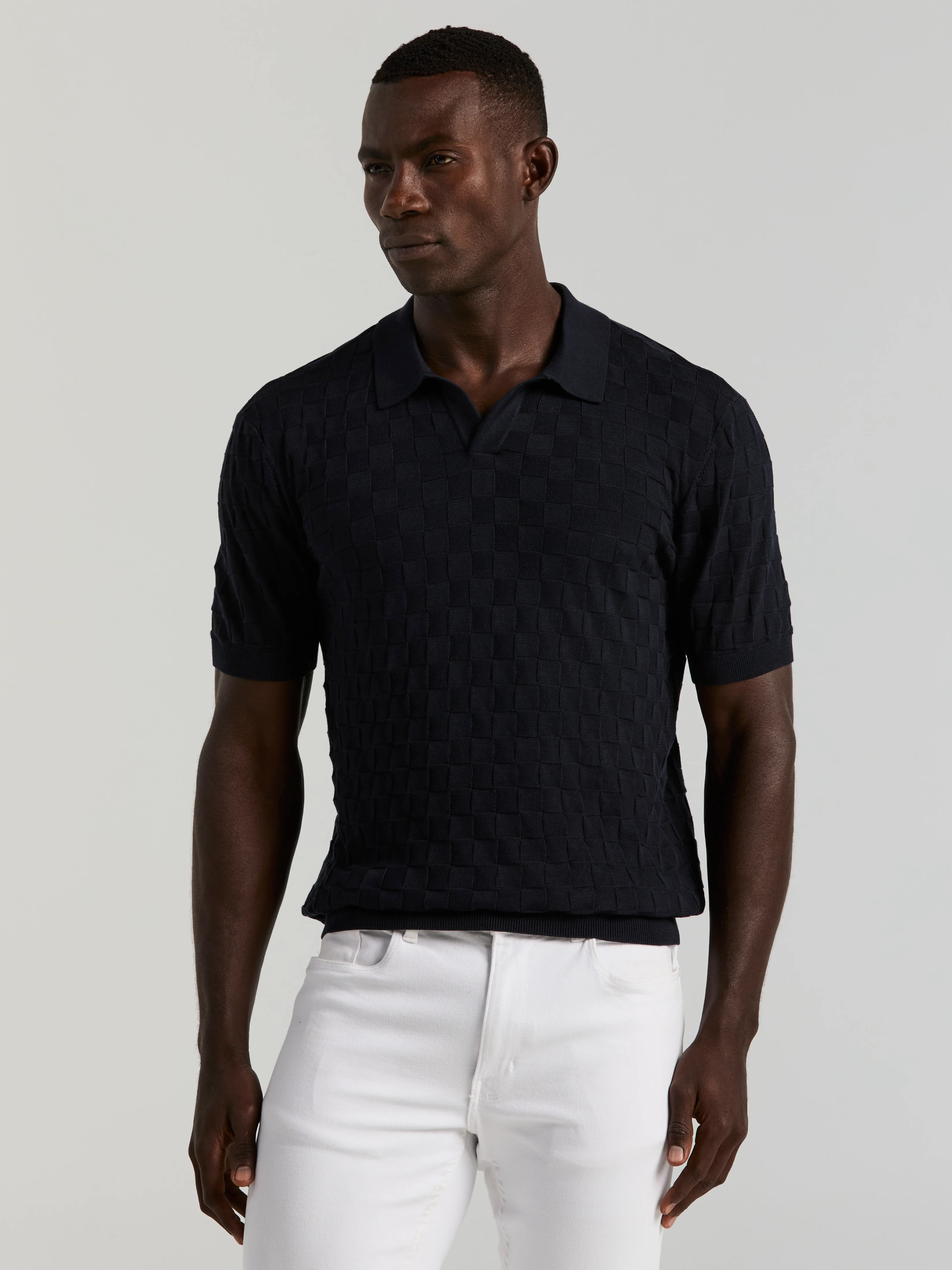 Square Pattern Open Collar Polo - Image 6
