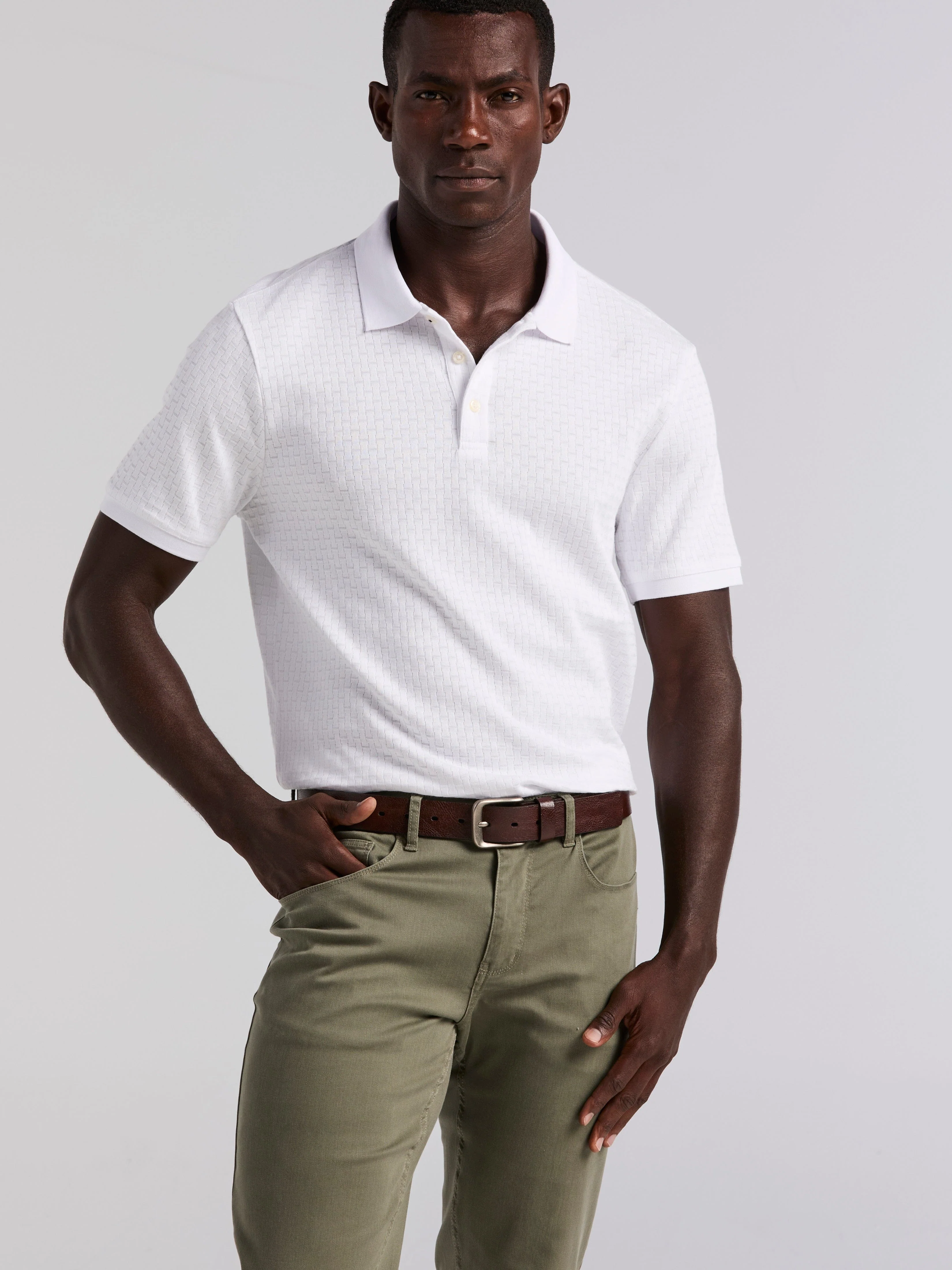Textured Geometric 3 Button Polo - Image 3