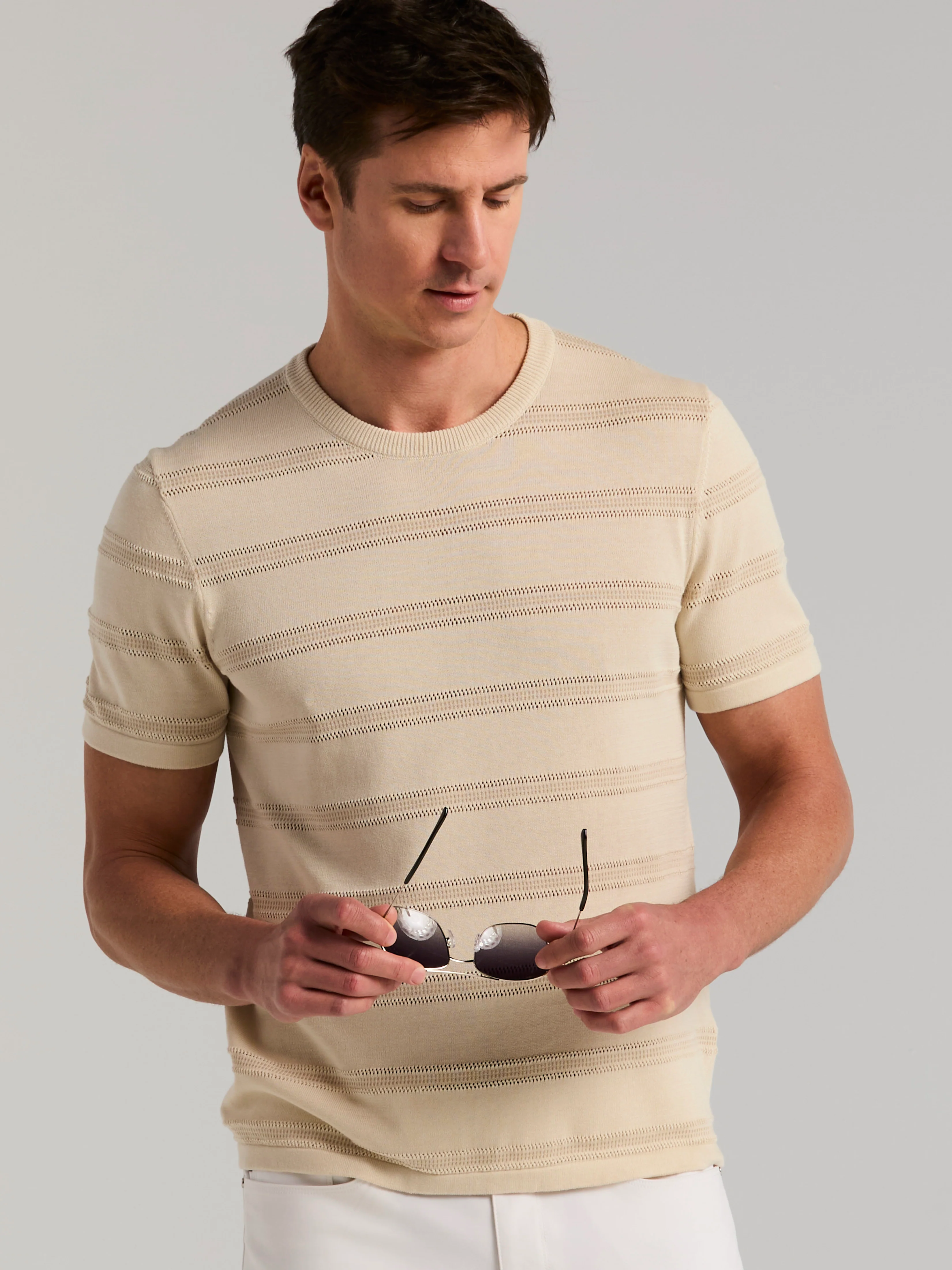Cotton Mesh Striped Crew Neck Sweater Tee - Image 3