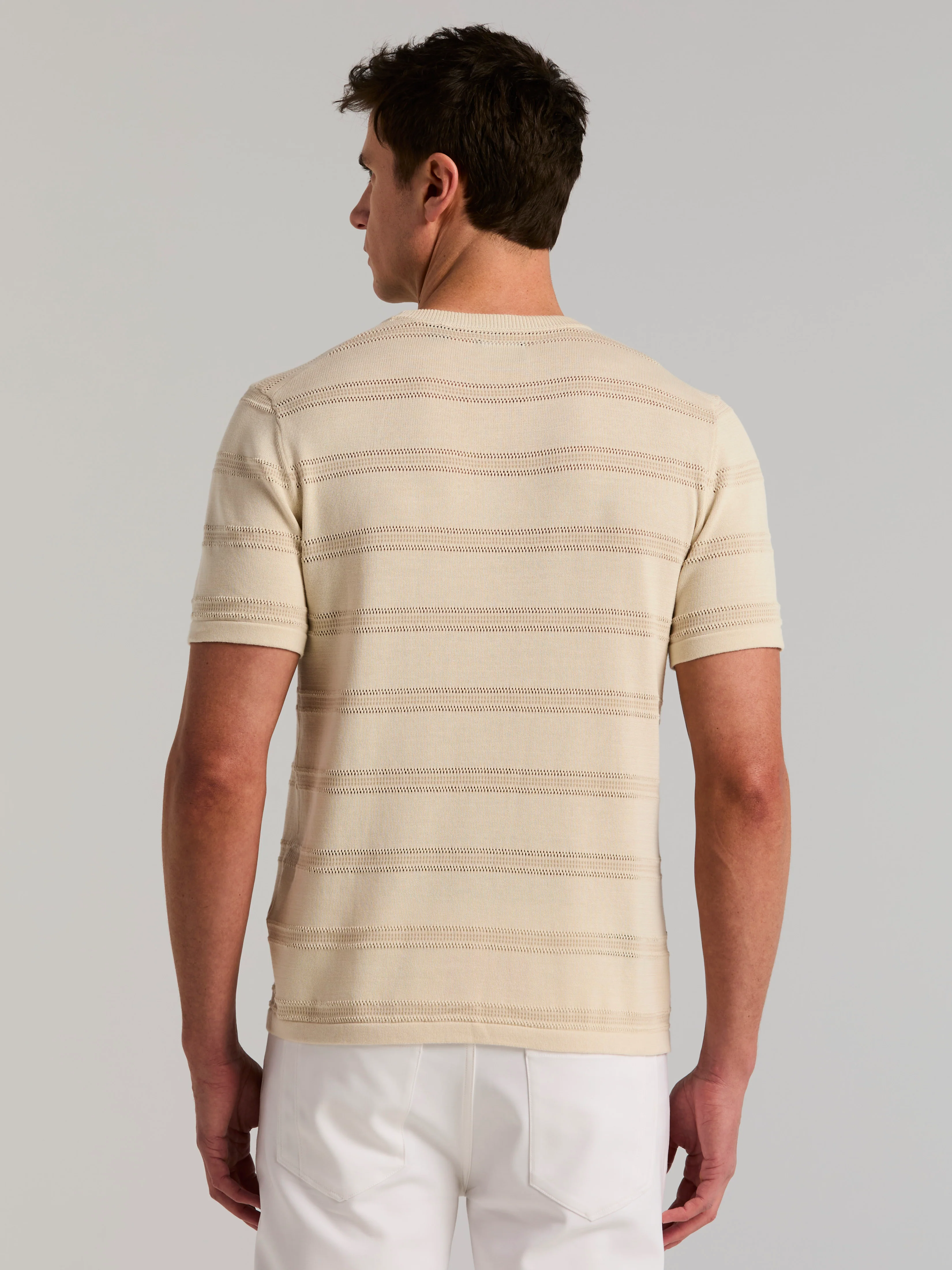 Cotton Mesh Striped Crew Neck Sweater Tee - Image 4