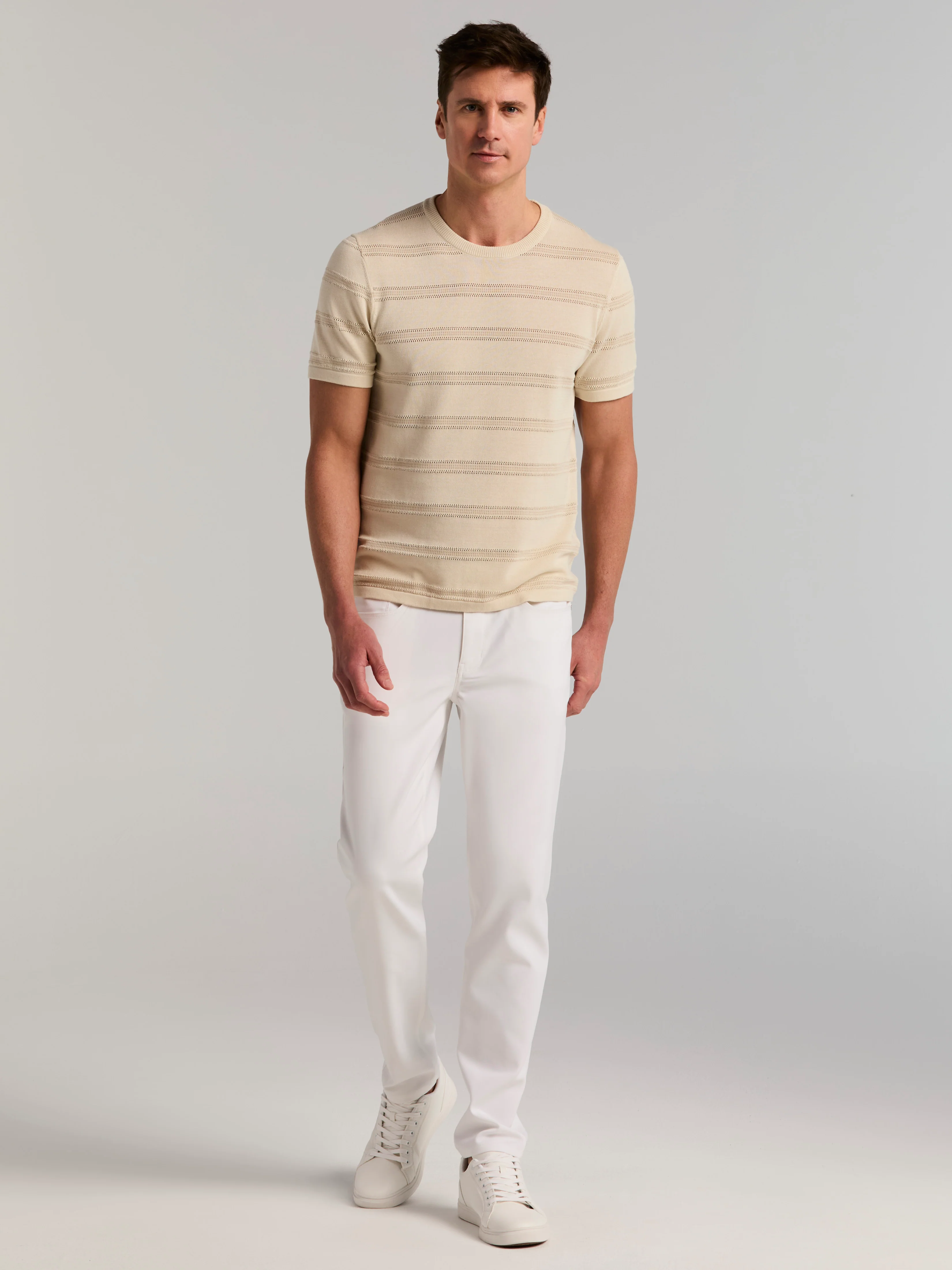 Cotton Mesh Striped Crew Neck Sweater Tee - Image 5