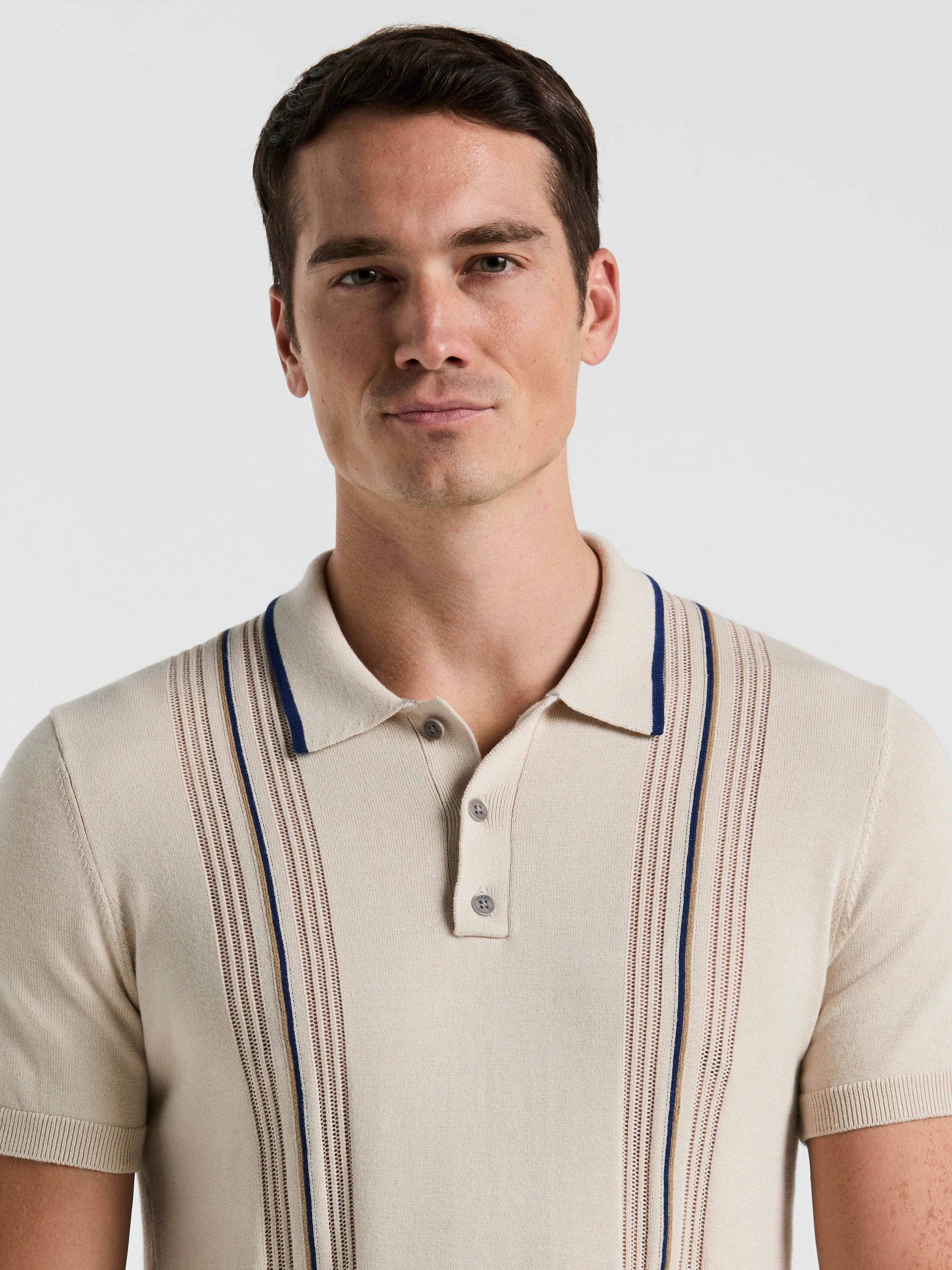 Cotton Mesh Vertical Stripe Print Button Polo - Image 3