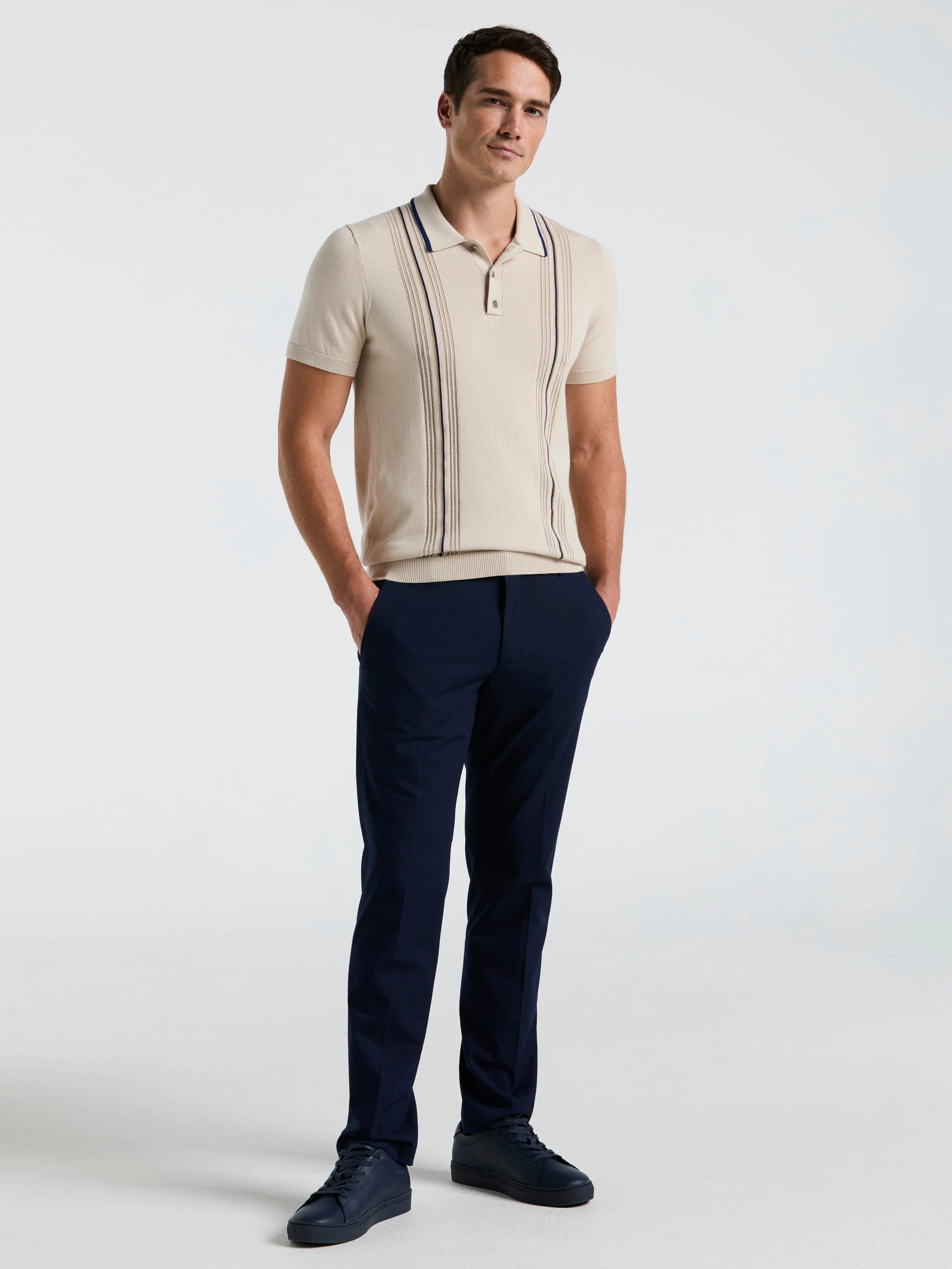 Cotton Mesh Vertical Stripe Print Button Polo - Image 4