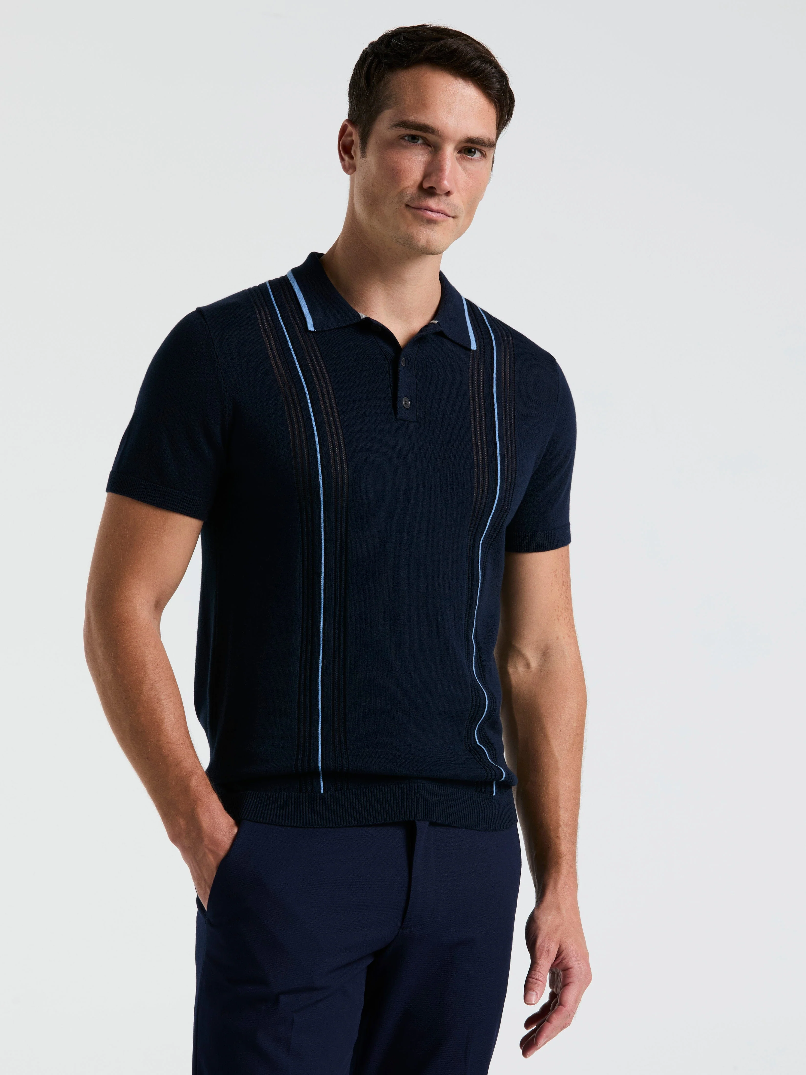 Cotton Mesh Vertical Stripe Print Button Polo - Image 5