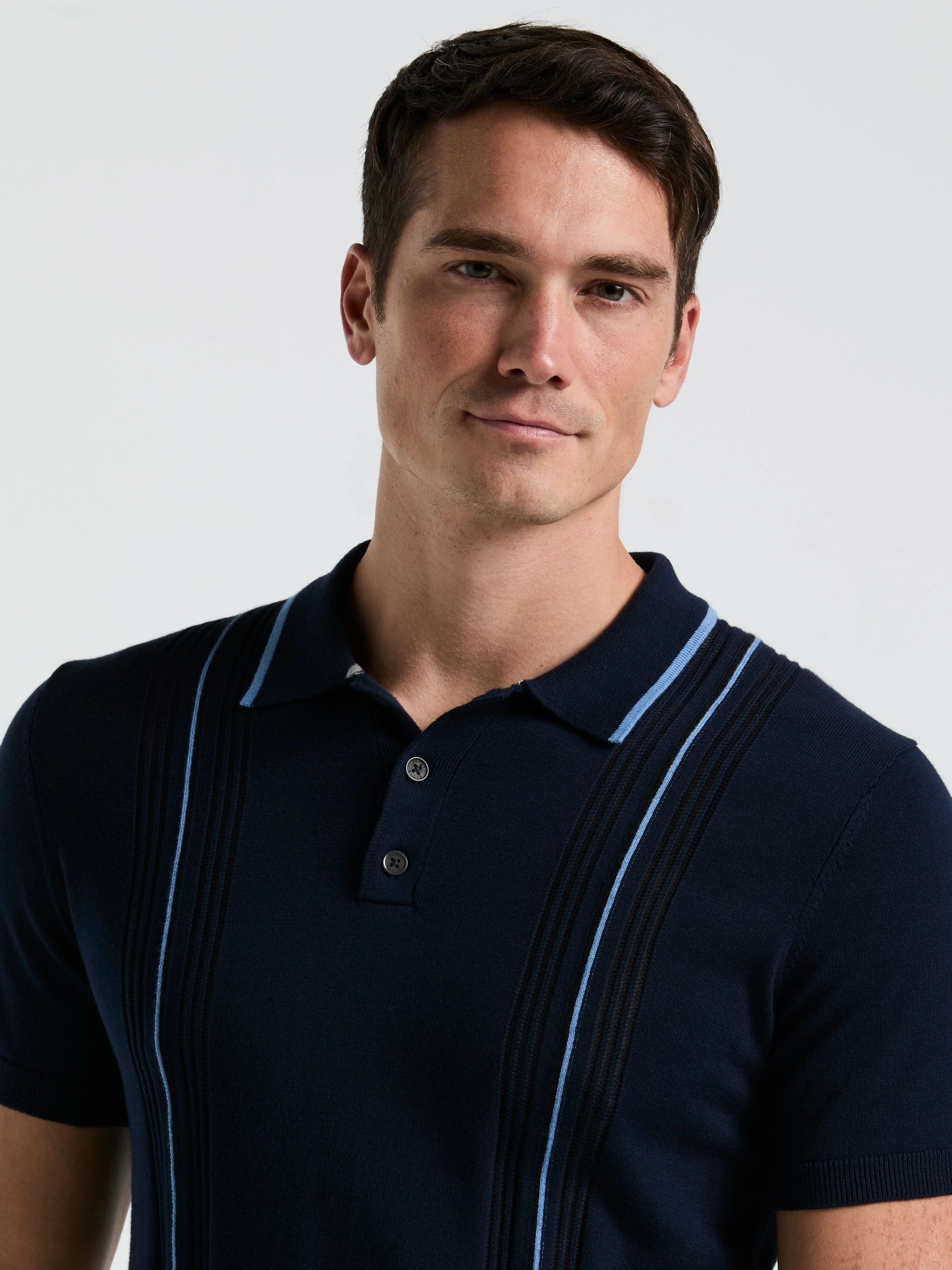 Cotton Mesh Vertical Stripe Print Button Polo - Image 7