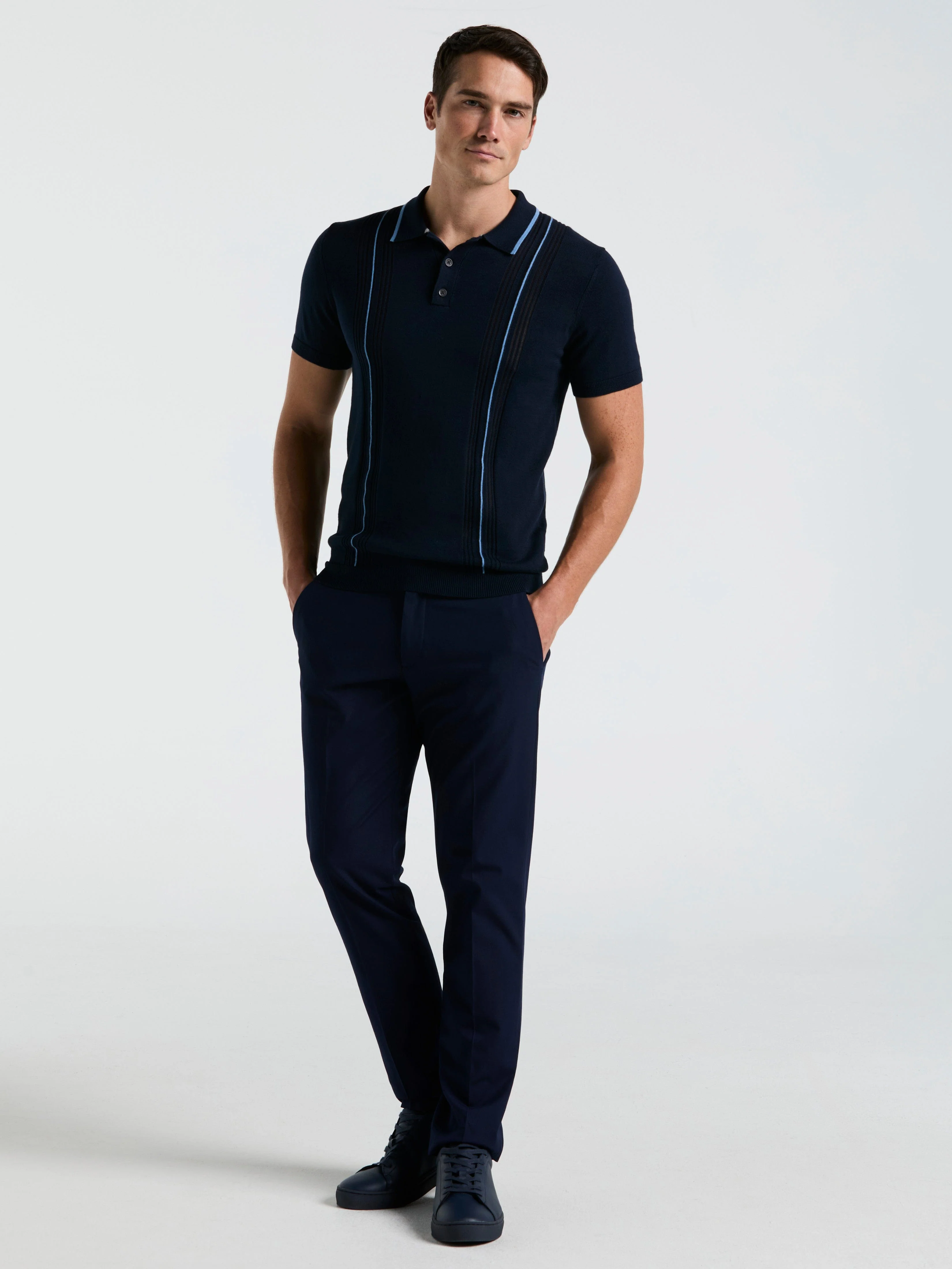 Cotton Mesh Vertical Stripe Print Button Polo - Image 8
