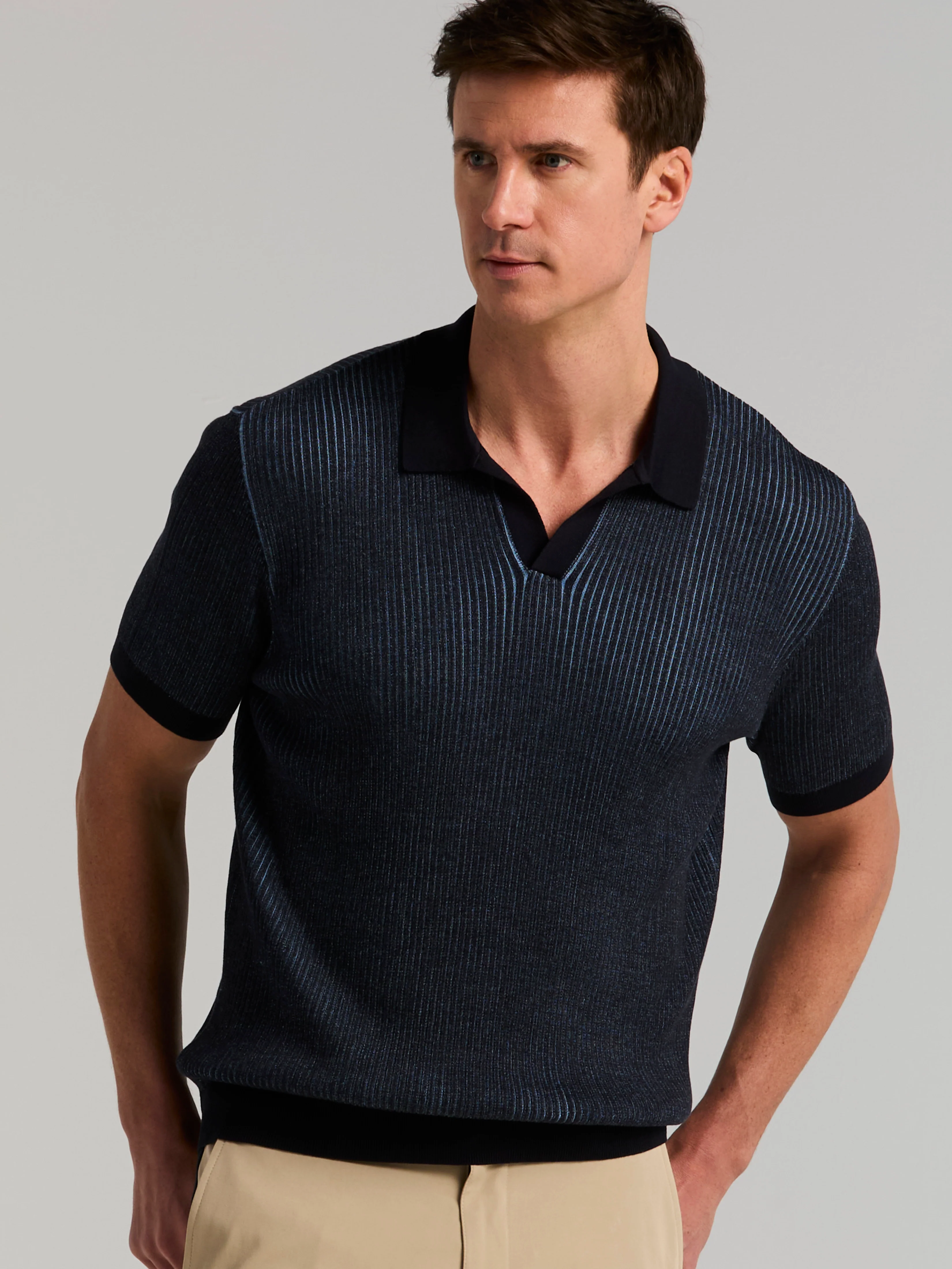 Cotton Modal Bi-Color Open Polo Sweater - Image 3