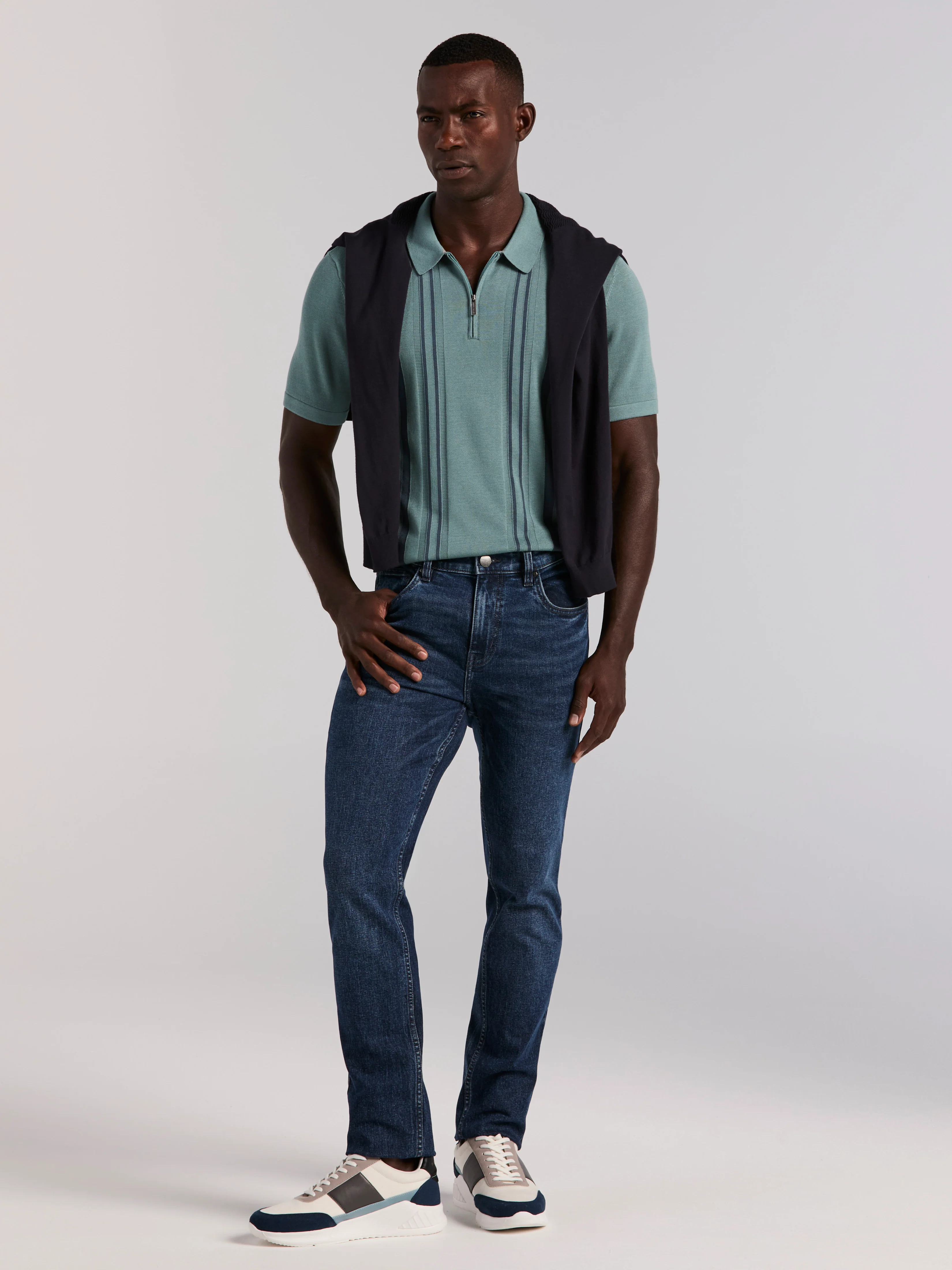 Cotton Modal Striped Zip Sweater Polo - Image 10