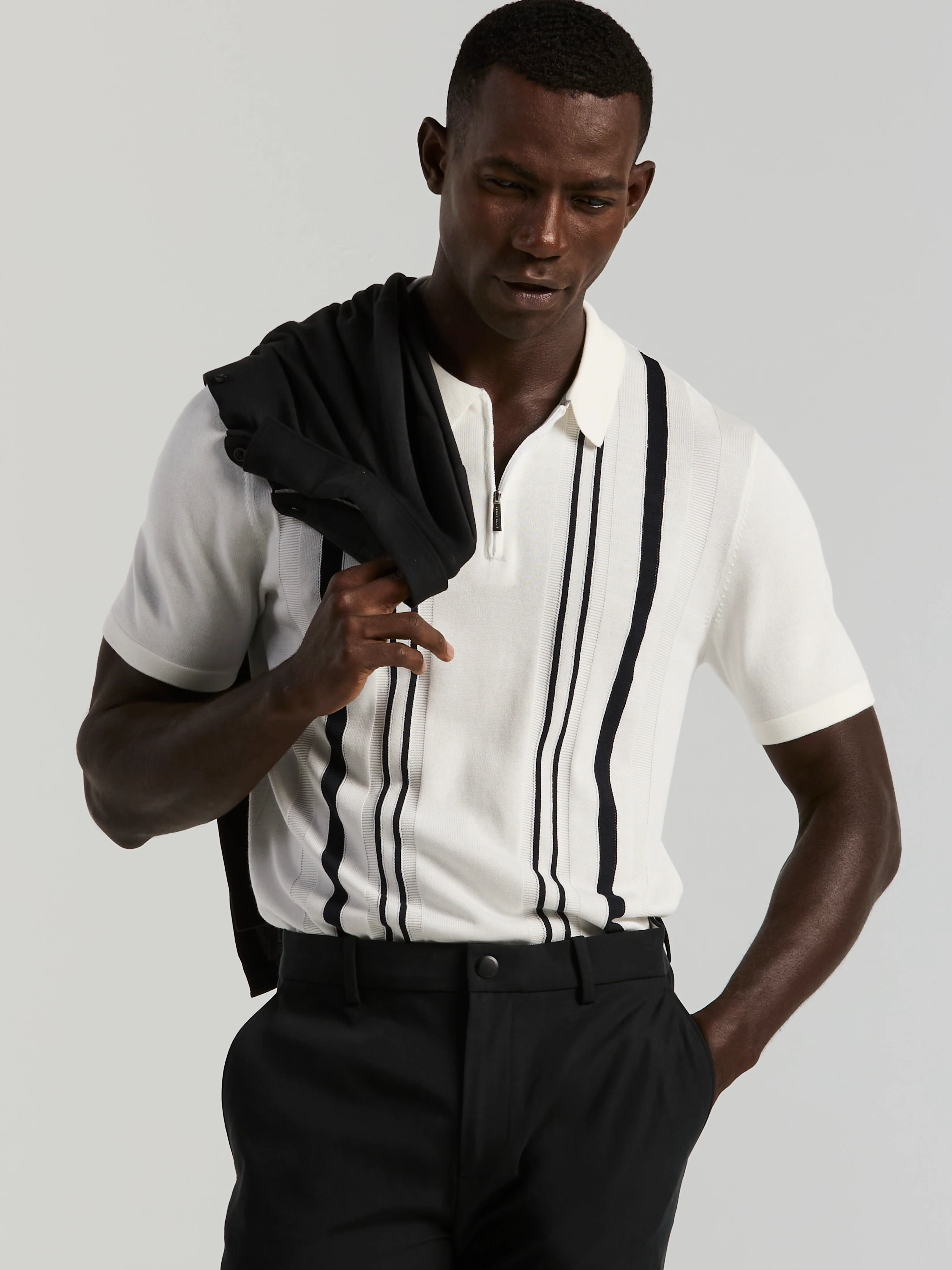 Cotton Modal Striped Zip Sweater Polo - Image 3