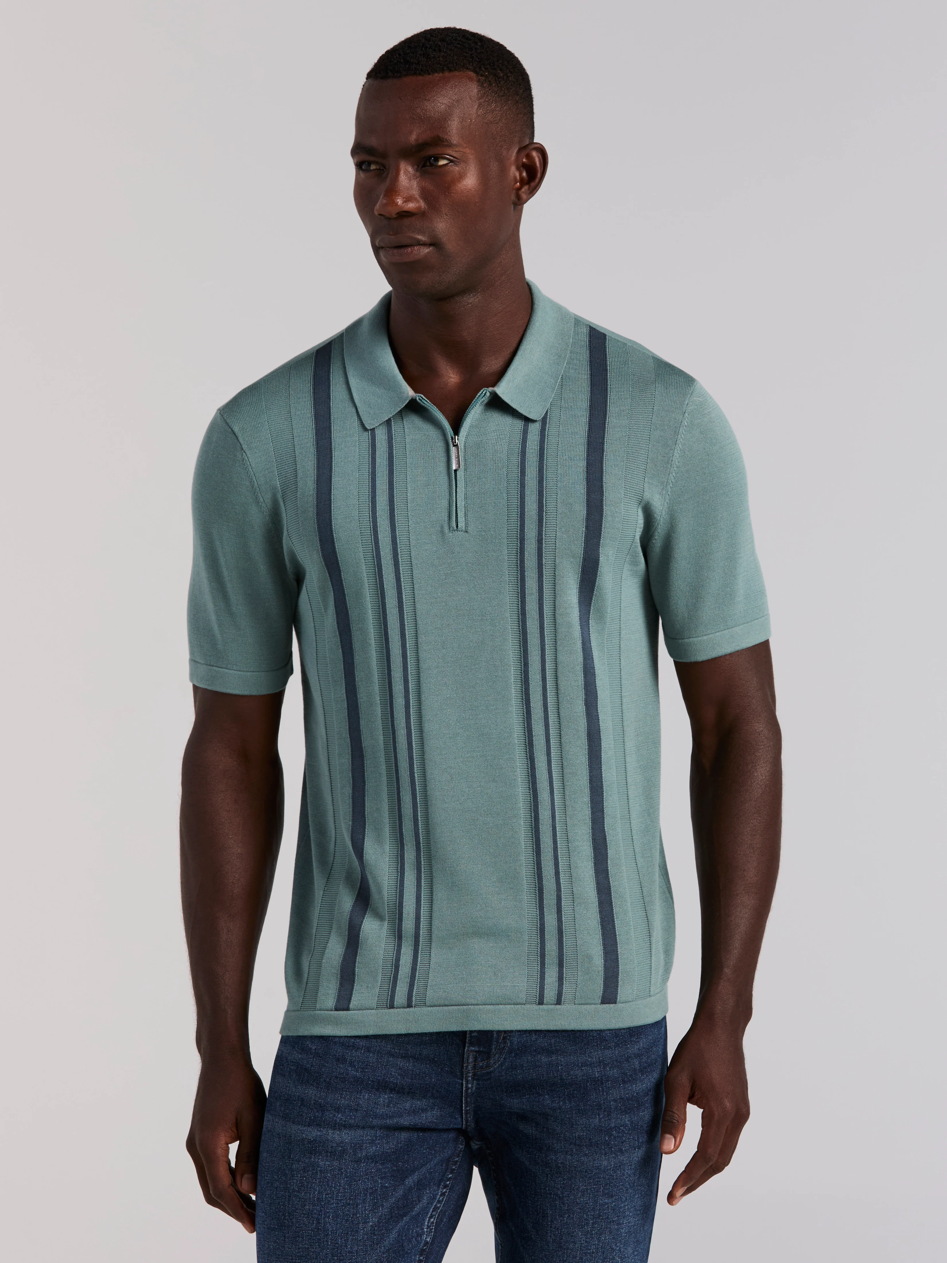 Cotton Modal Striped Zip Sweater Polo - Image 7