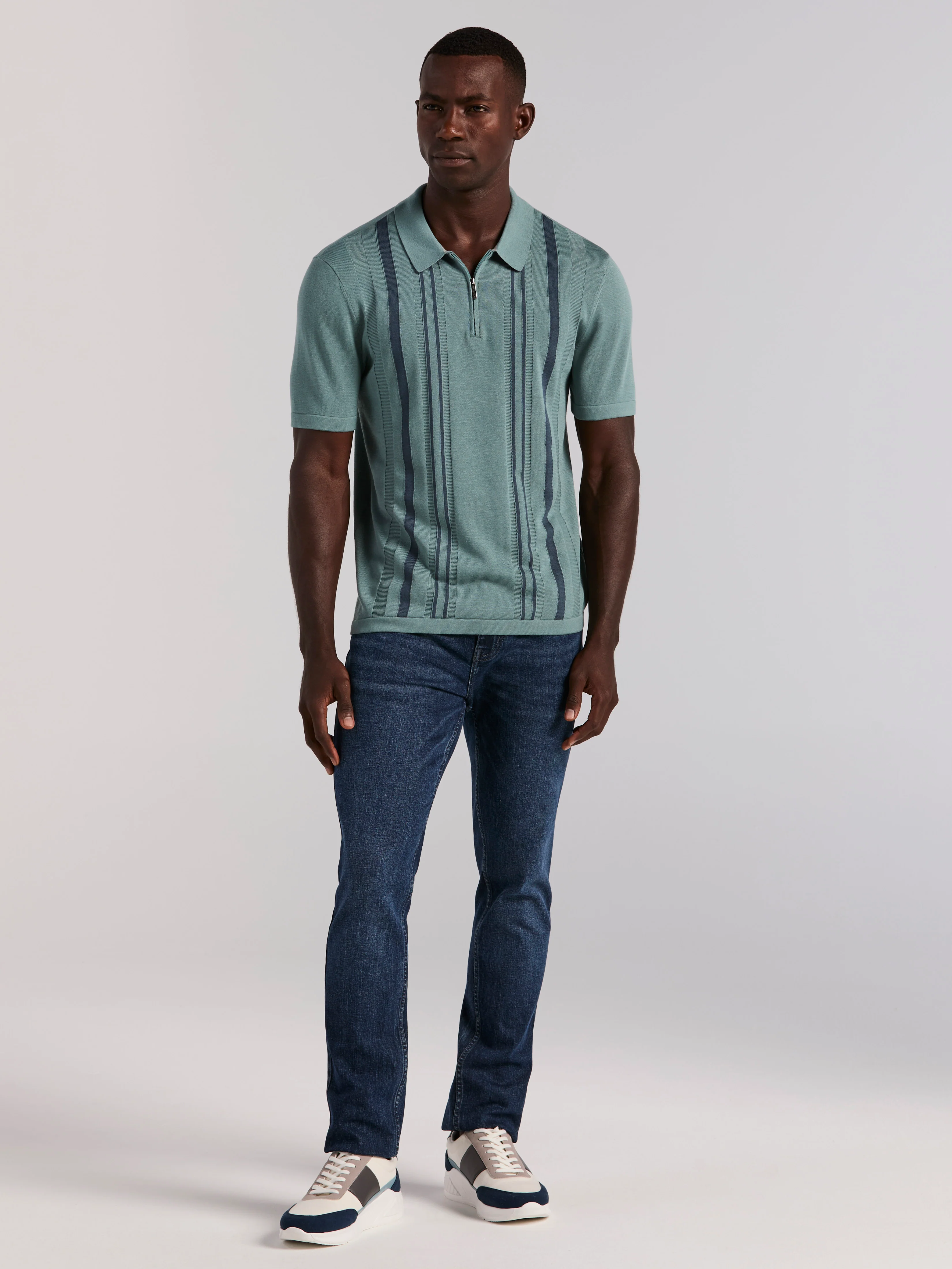 Cotton Modal Striped Zip Sweater Polo - Image 9