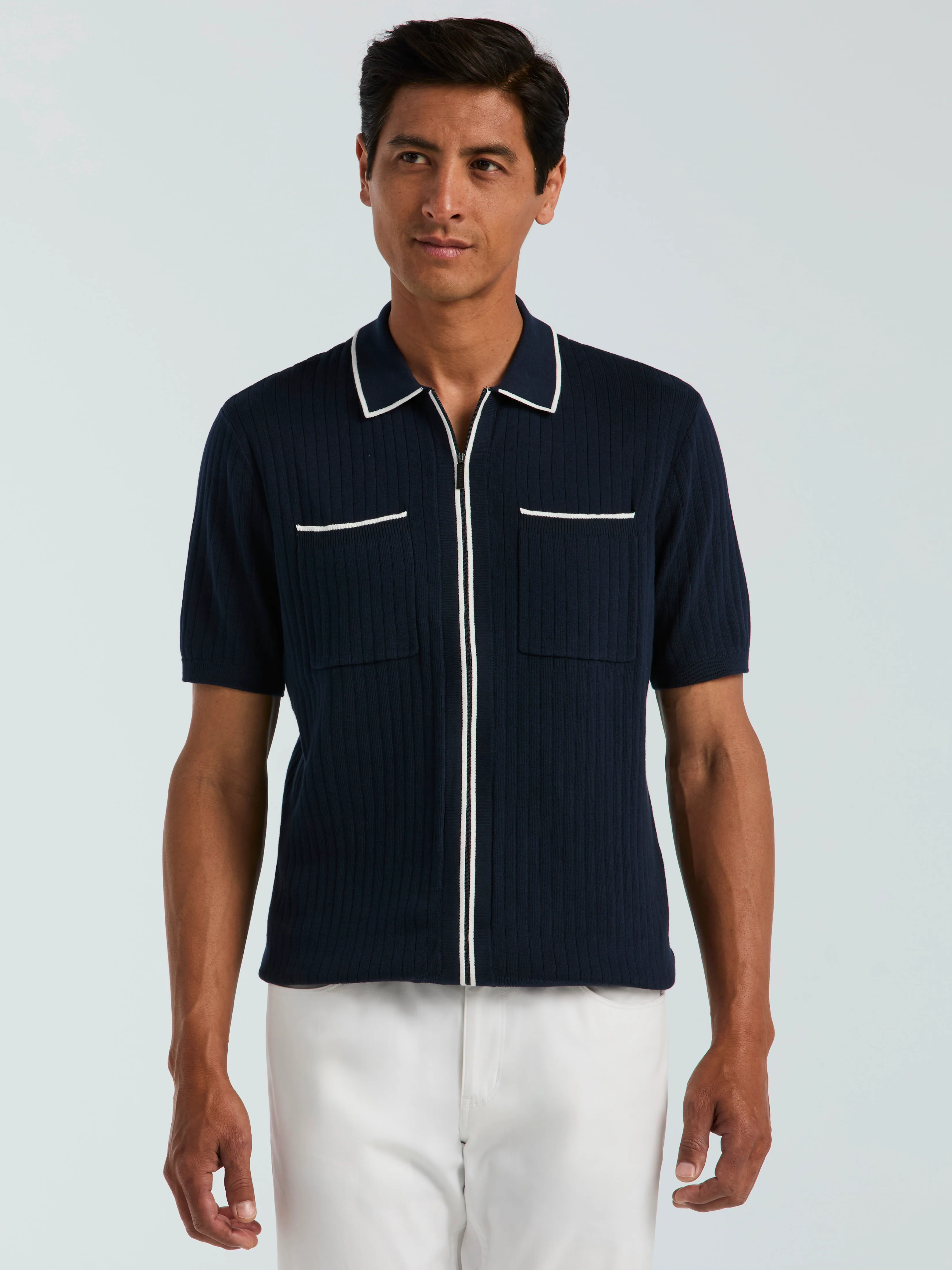 Cotton Tipped Ribbed Full Zip Sweater