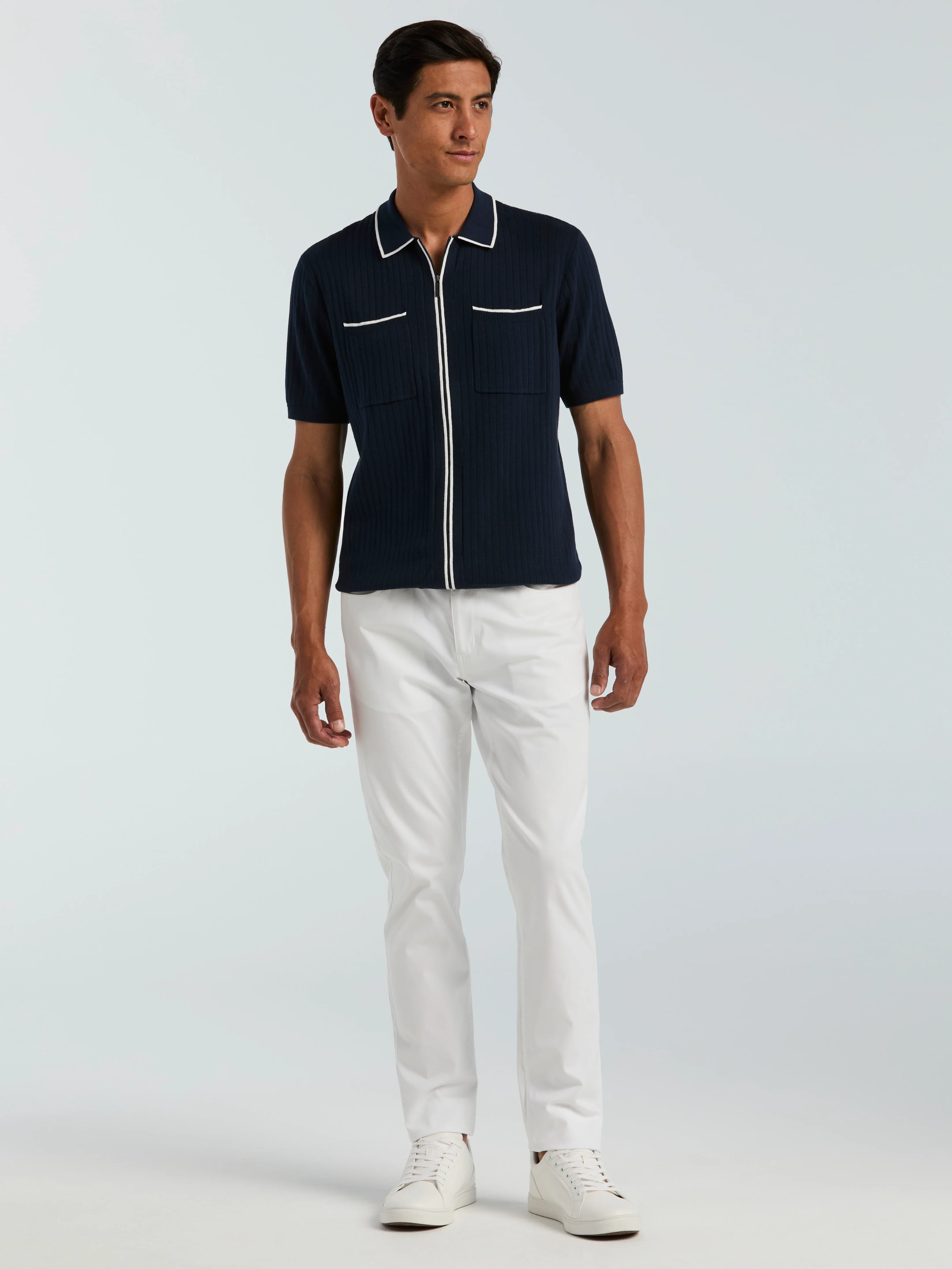Cotton Tipped Ribbed Full Zip Sweater - Image 3