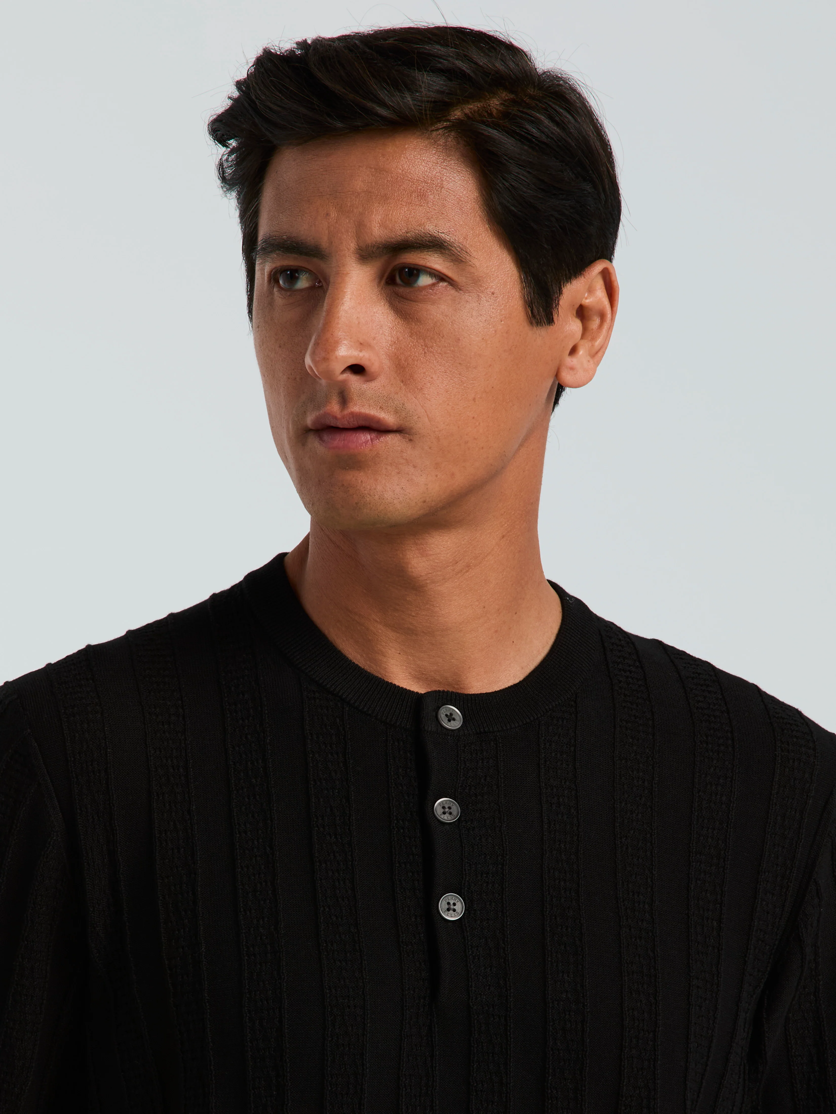 Cotton Textured Striped Button Crew Neck Sweater - Image 2