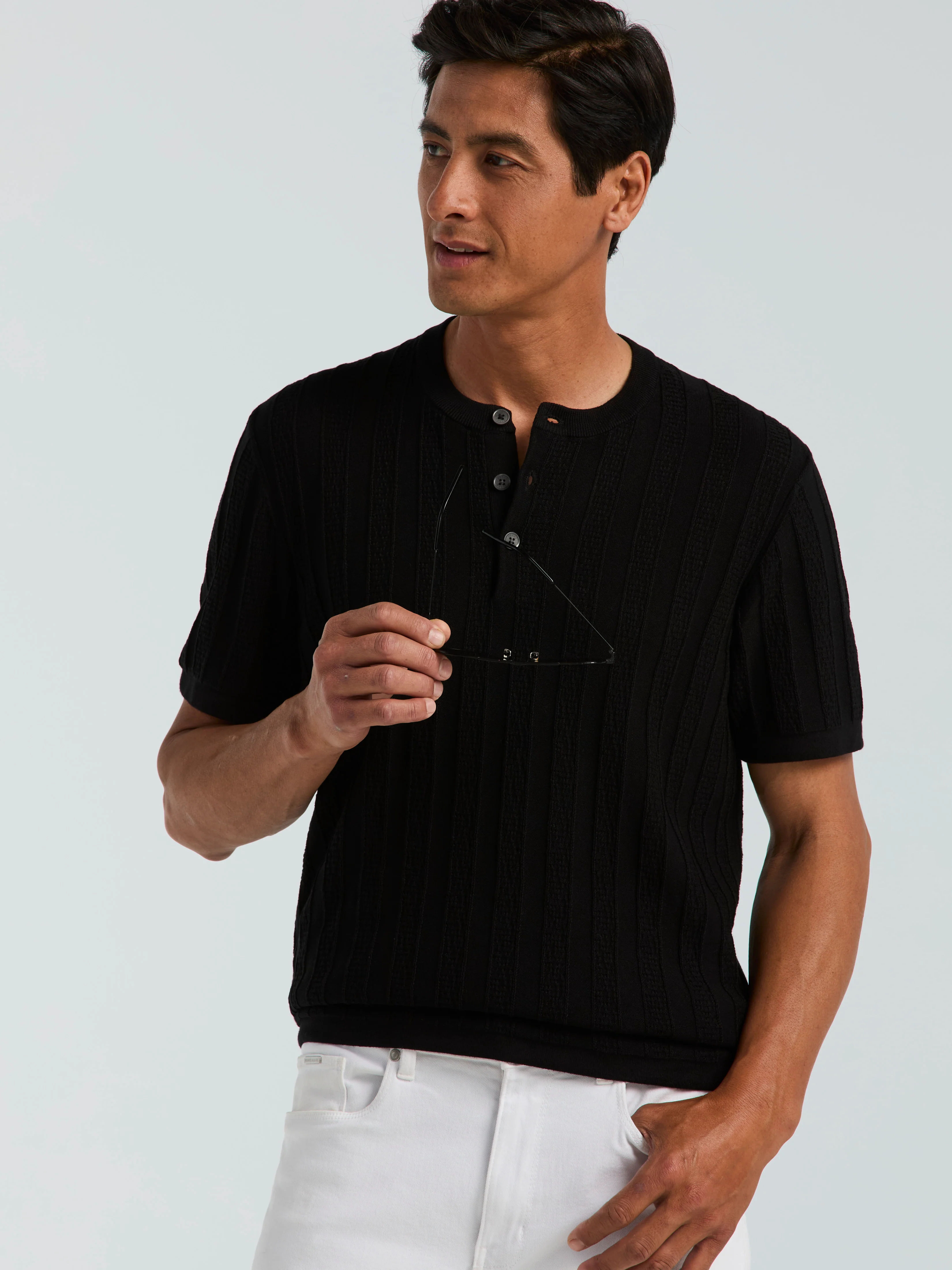 Cotton Textured Striped Button Crew Neck Sweater - Image 3