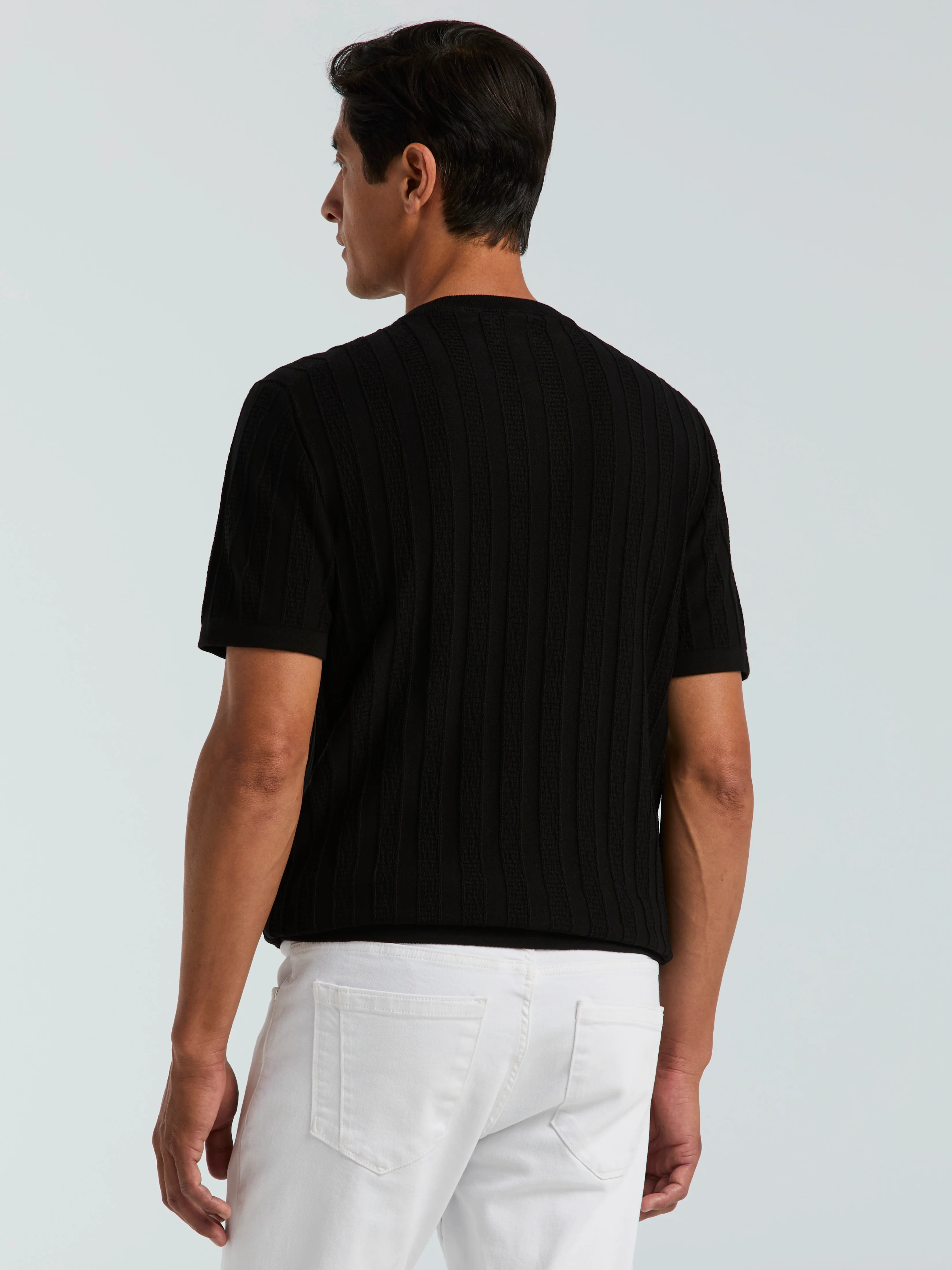 Cotton Textured Striped Button Crew Neck Sweater - Image 4