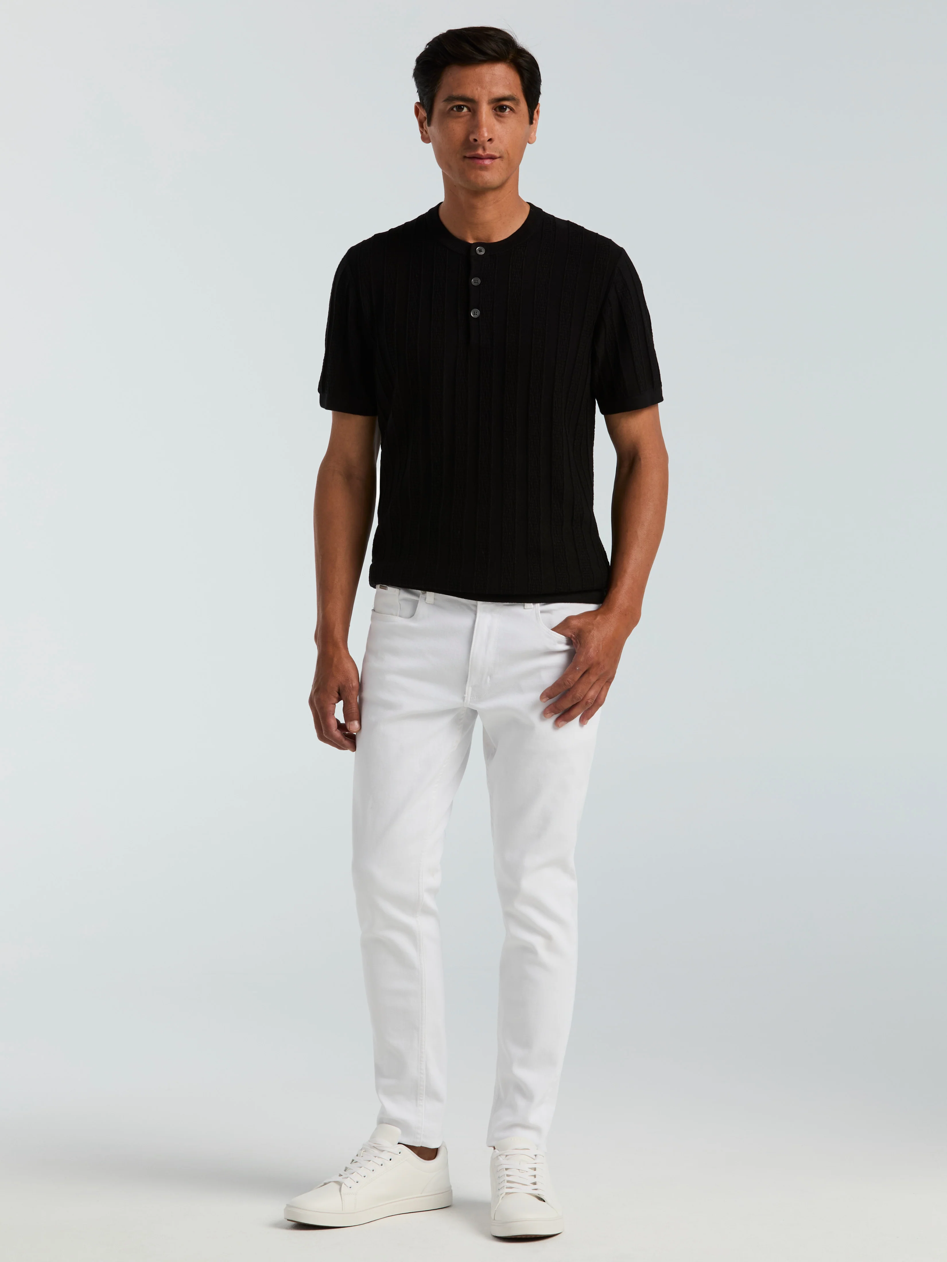 Cotton Textured Striped Button Crew Neck Sweater - Image 5