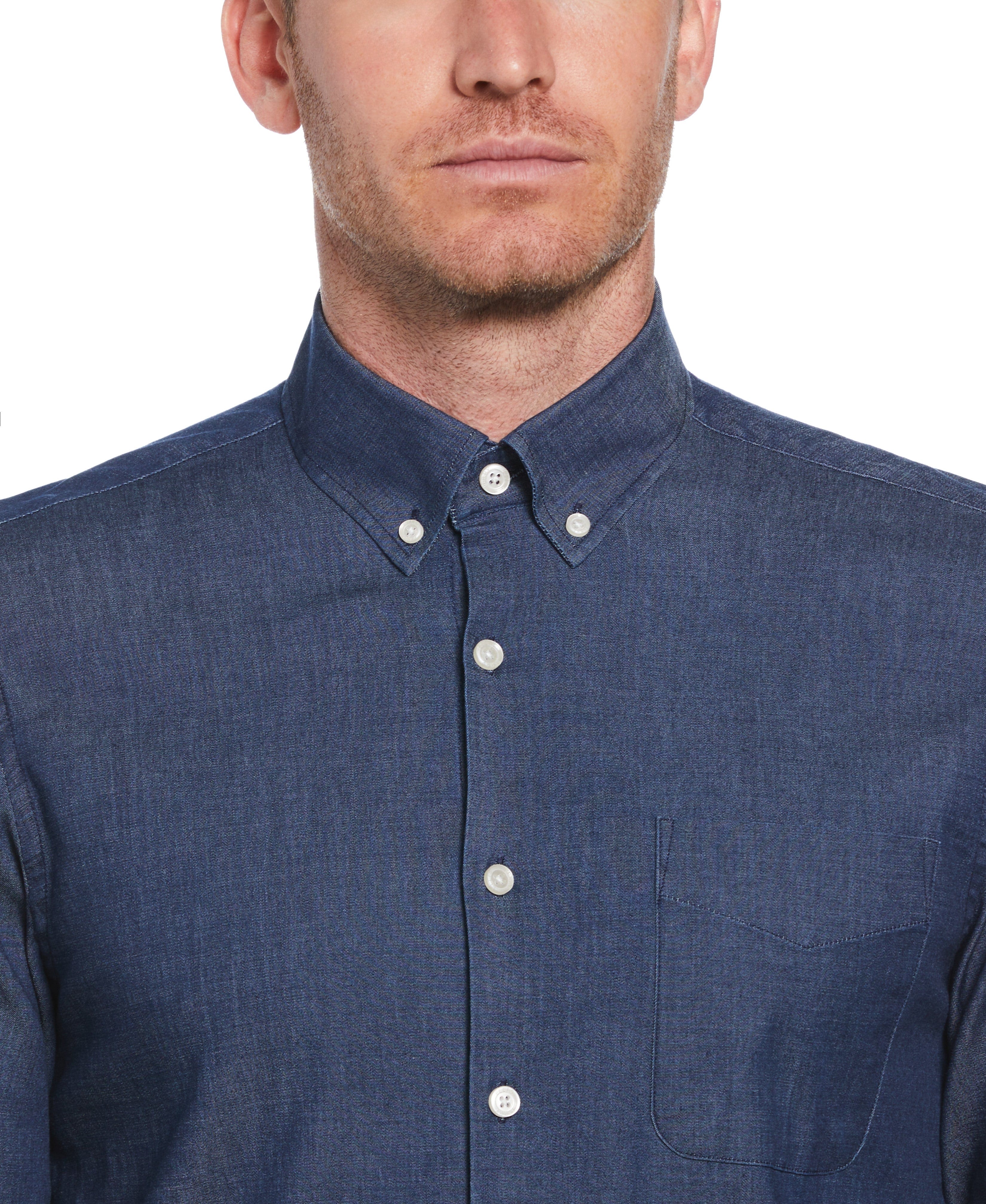 Slim Fit Denim-Like Button Down Woven Shirt - Image 3