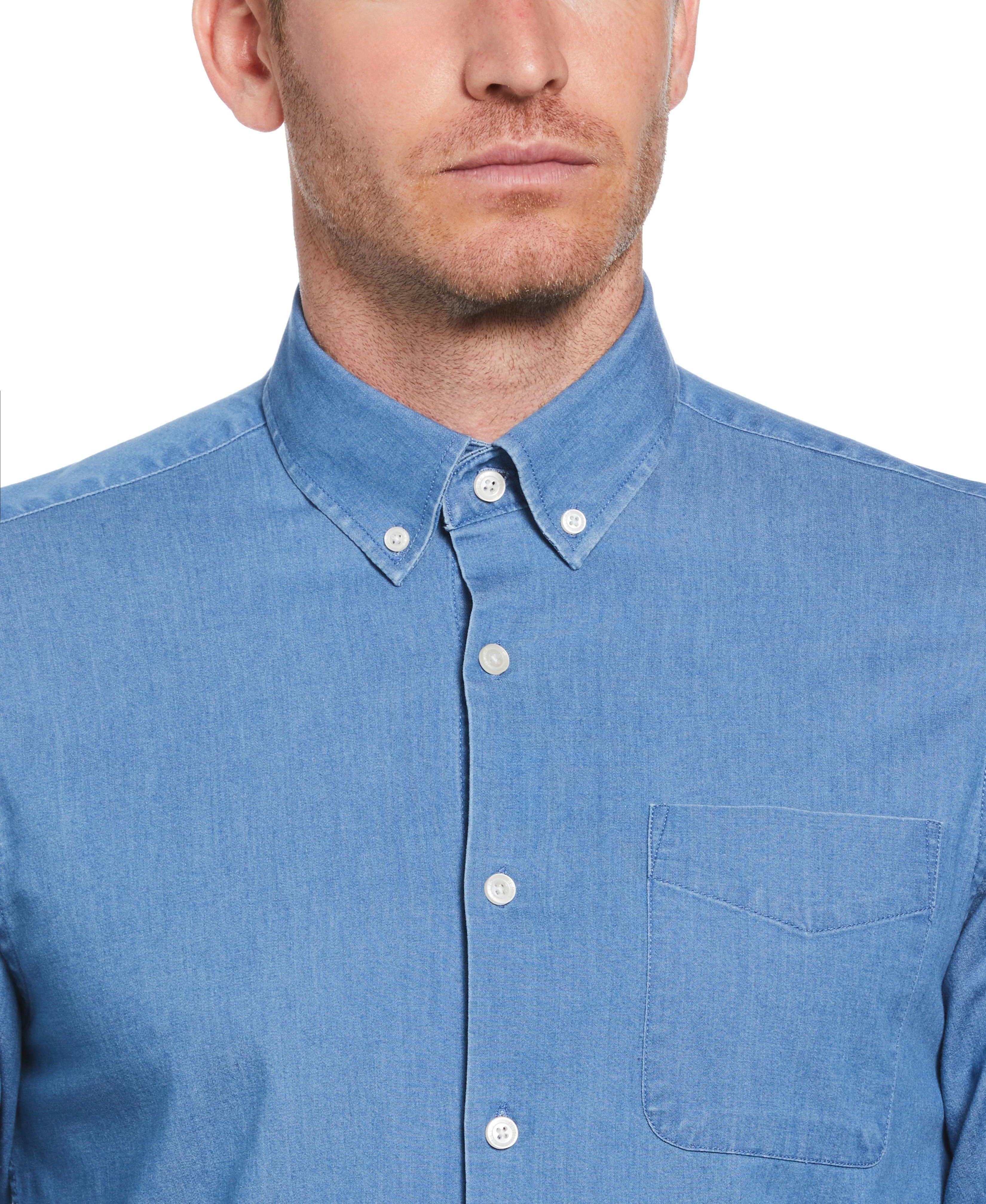 Slim Fit Denim-Like Button Down Woven Shirt - Image 3