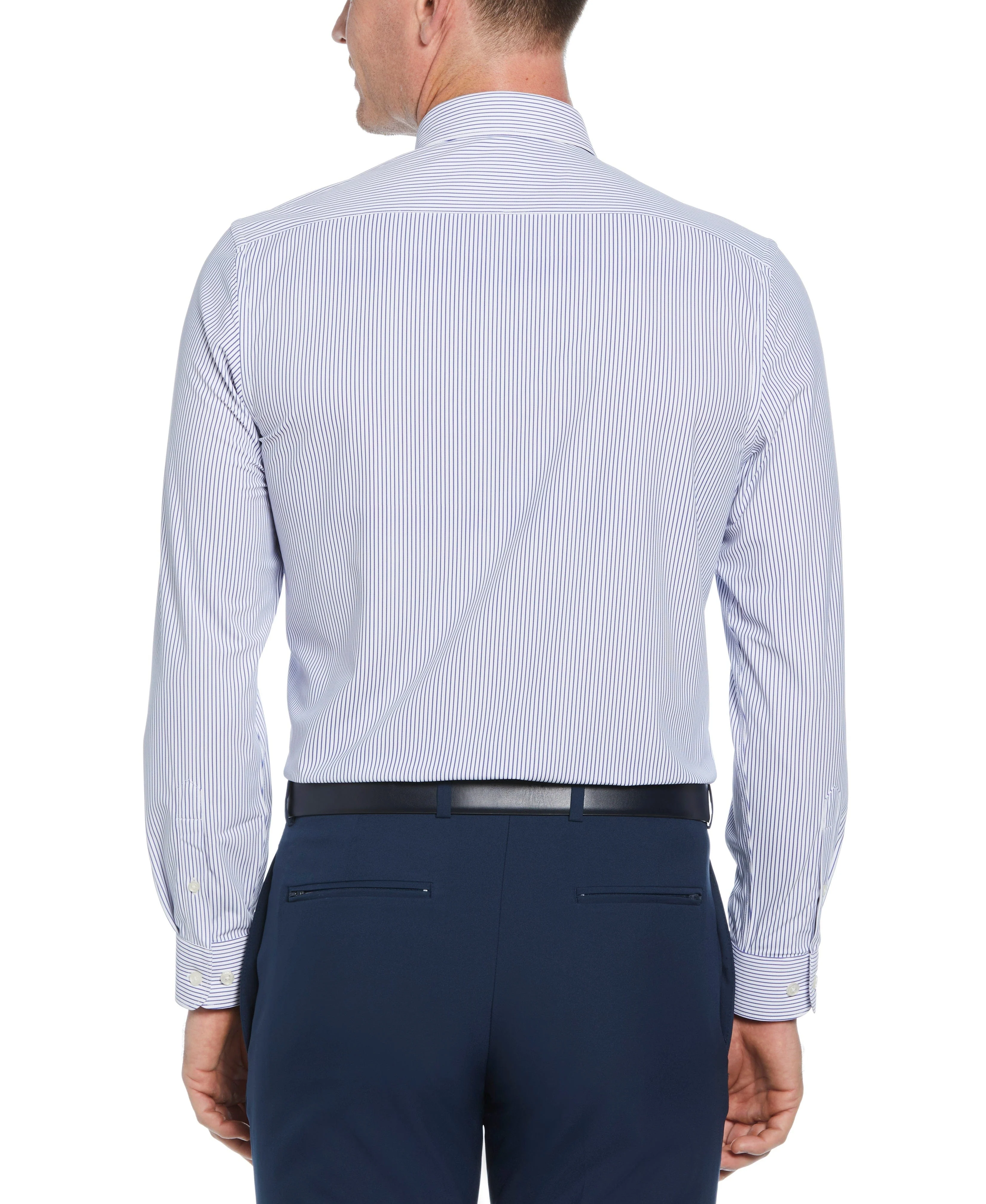 Slim Fit Knit Navy and White Thin Stripe Dress Shirt - Image 2
