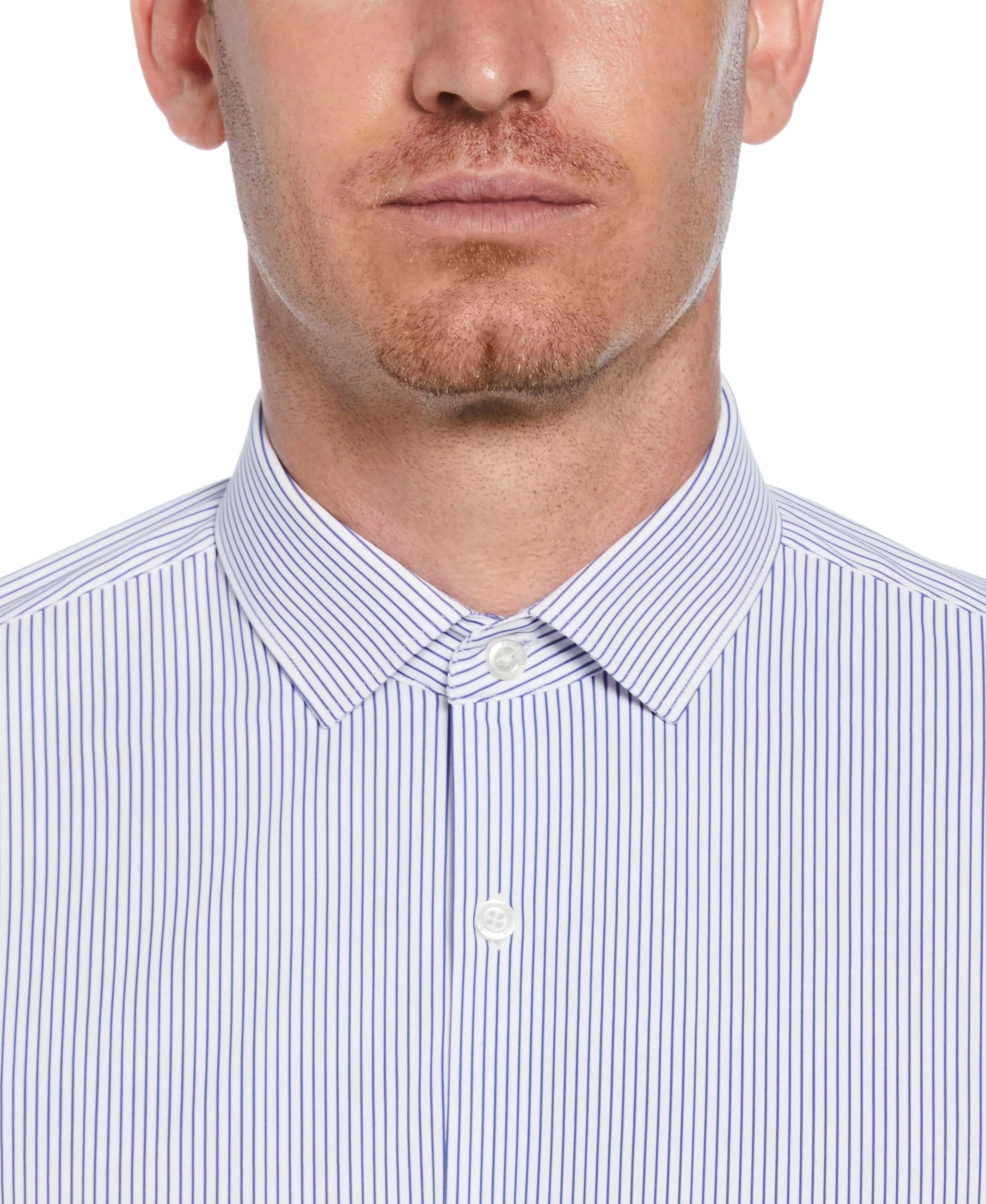 Slim Fit Knit Navy and White Thin Stripe Dress Shirt - Image 3