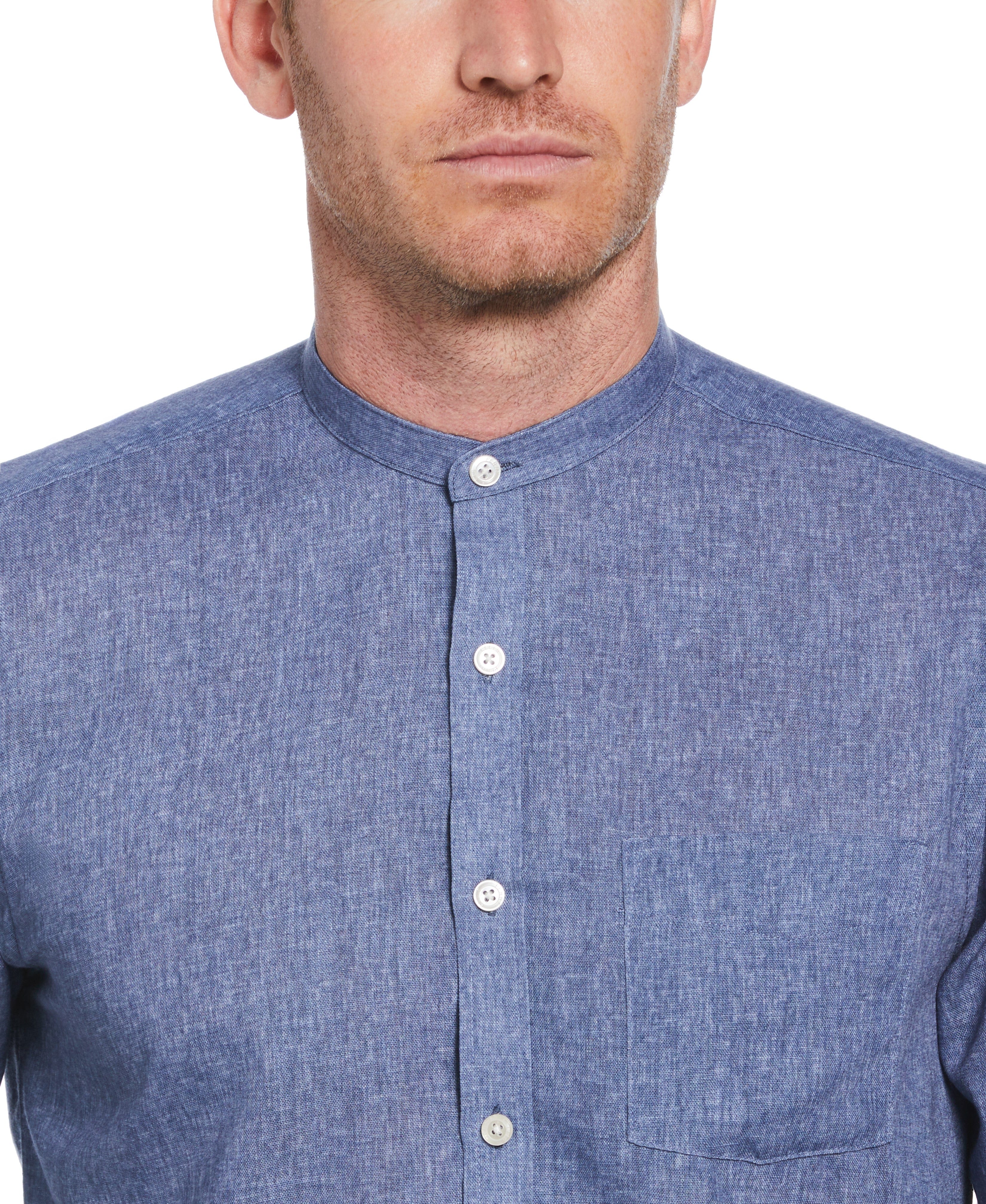 Slim Fit Banded Collar Rolled Sleeve Shirt - Image 3