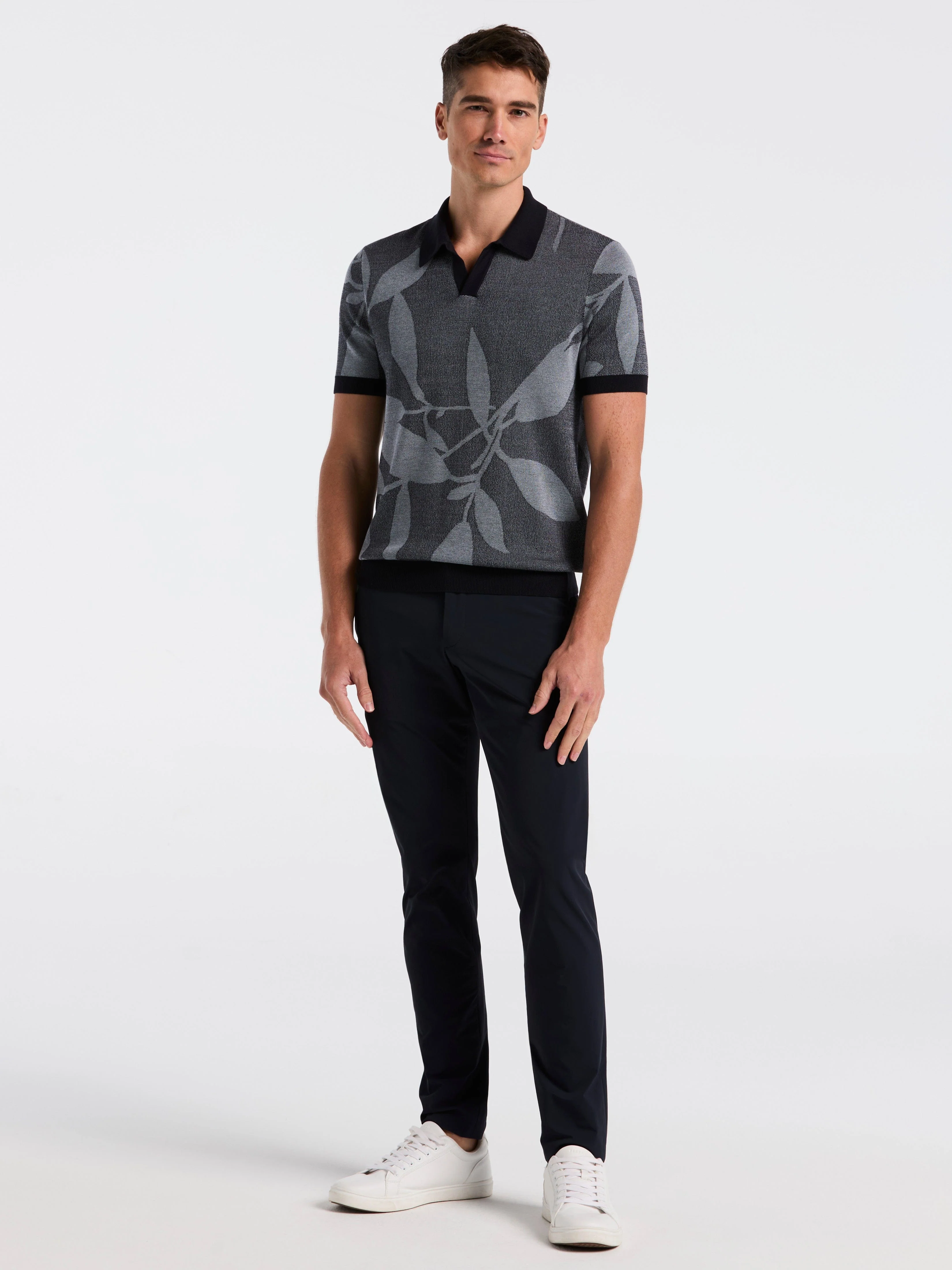 Leaf Print Open Collar Sweater Polo - Image 8