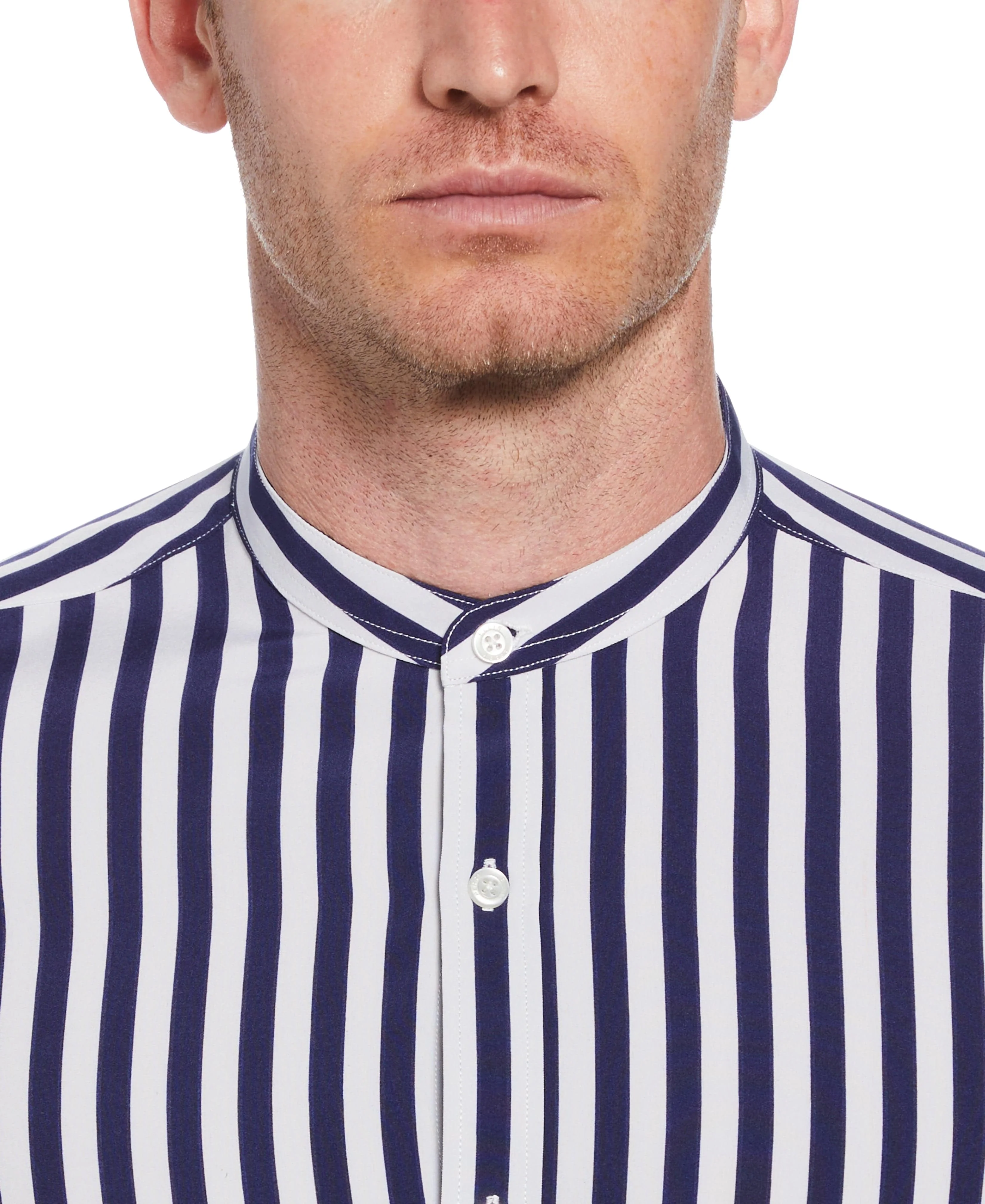 Slim Fit Single Stripe Banded Collar Shirt - Image 3