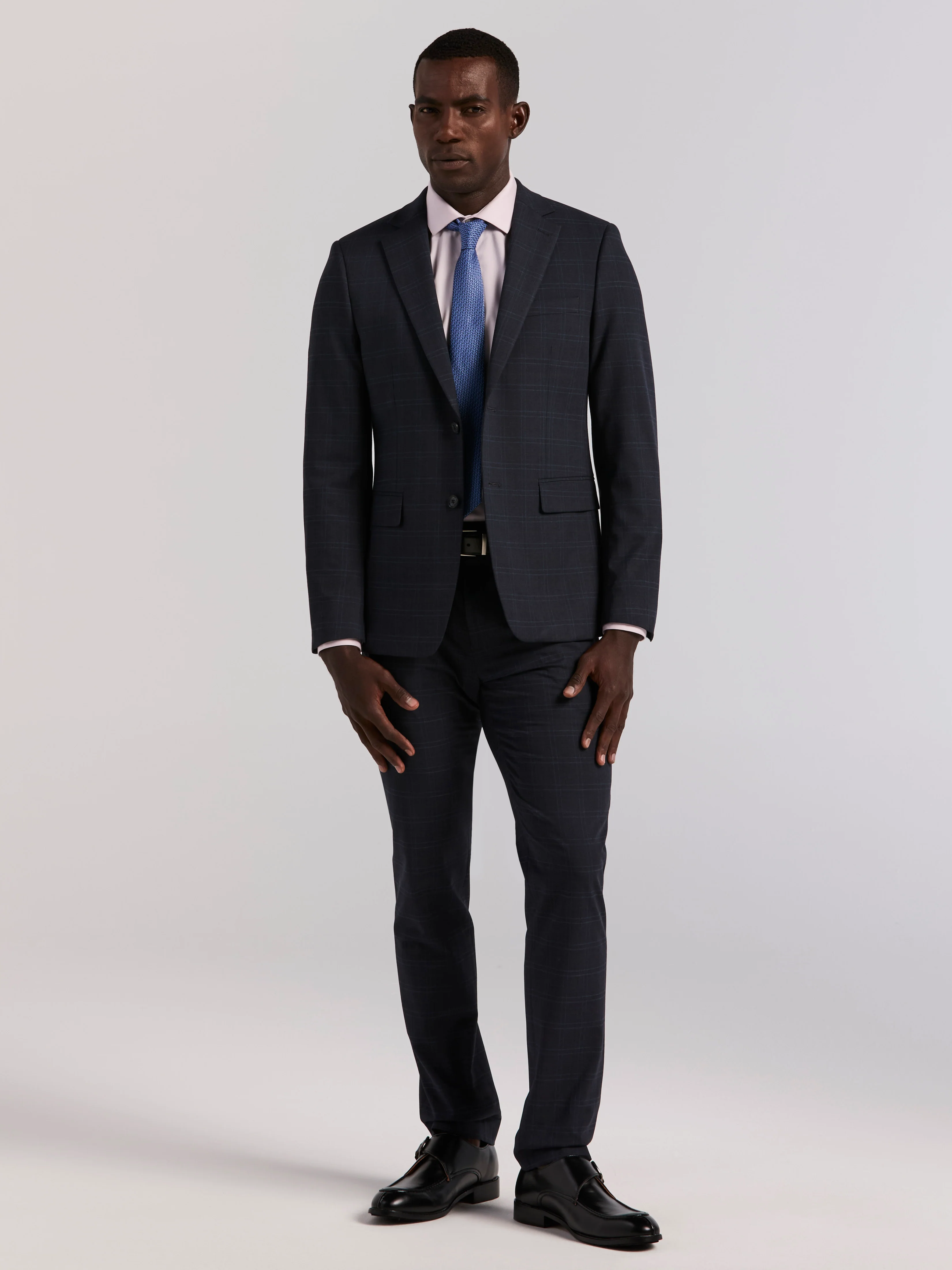 Skinny Fit Navy Plaid Suit Jacket - Image 3