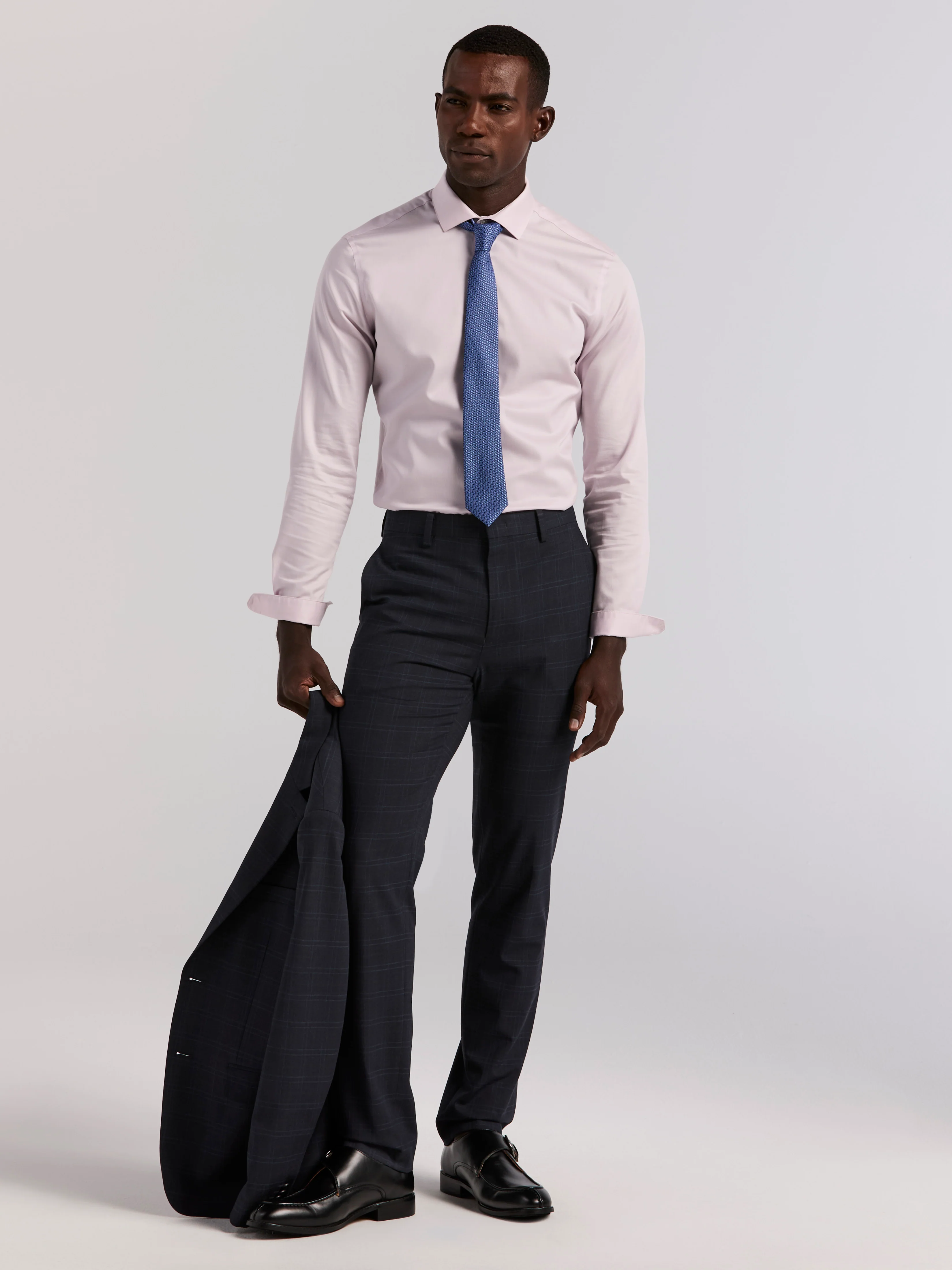 Skinny Fit Navy Plaid Suit Jacket - Image 4