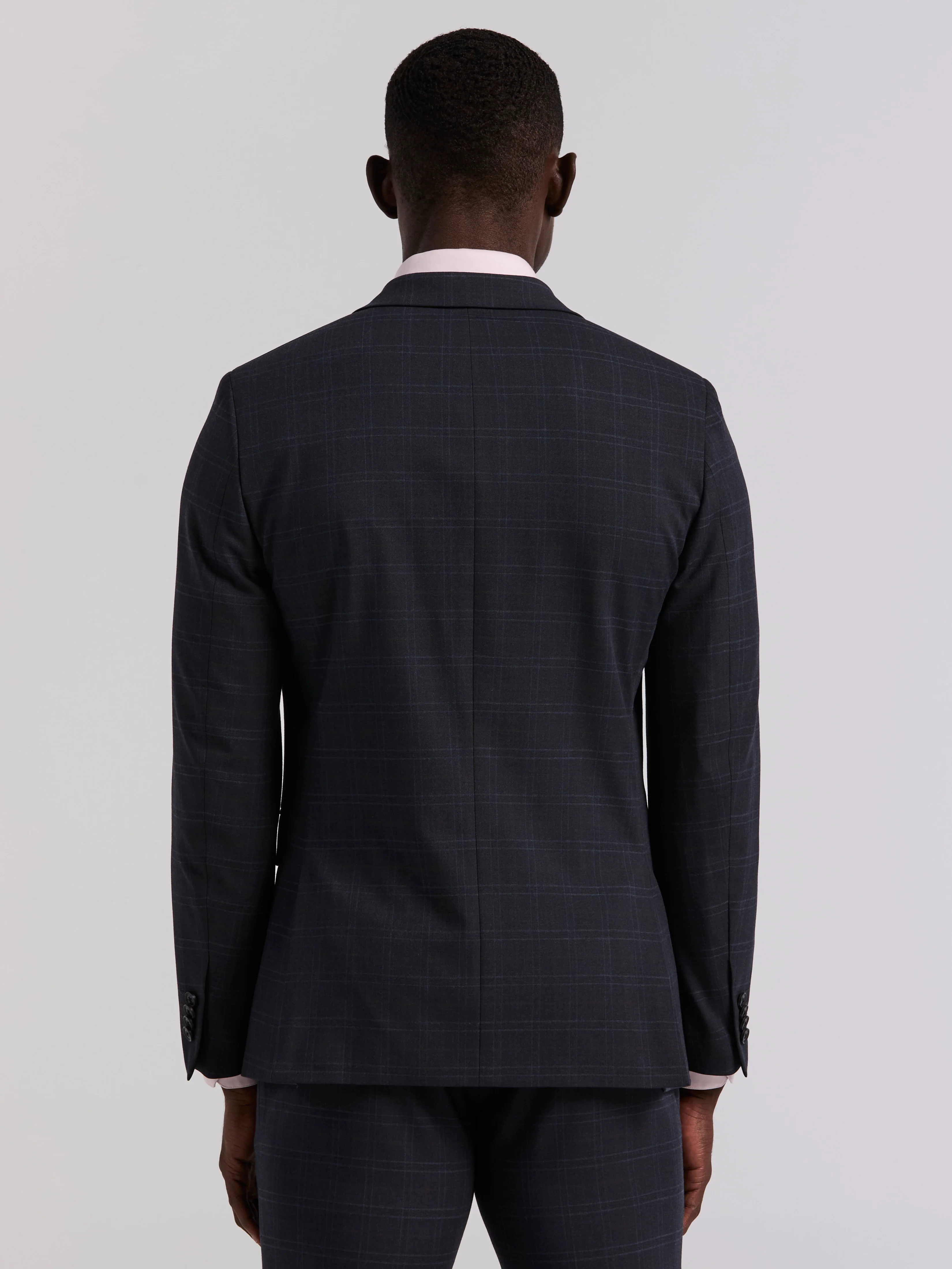 Skinny Fit Navy Plaid Suit Jacket - Image 5