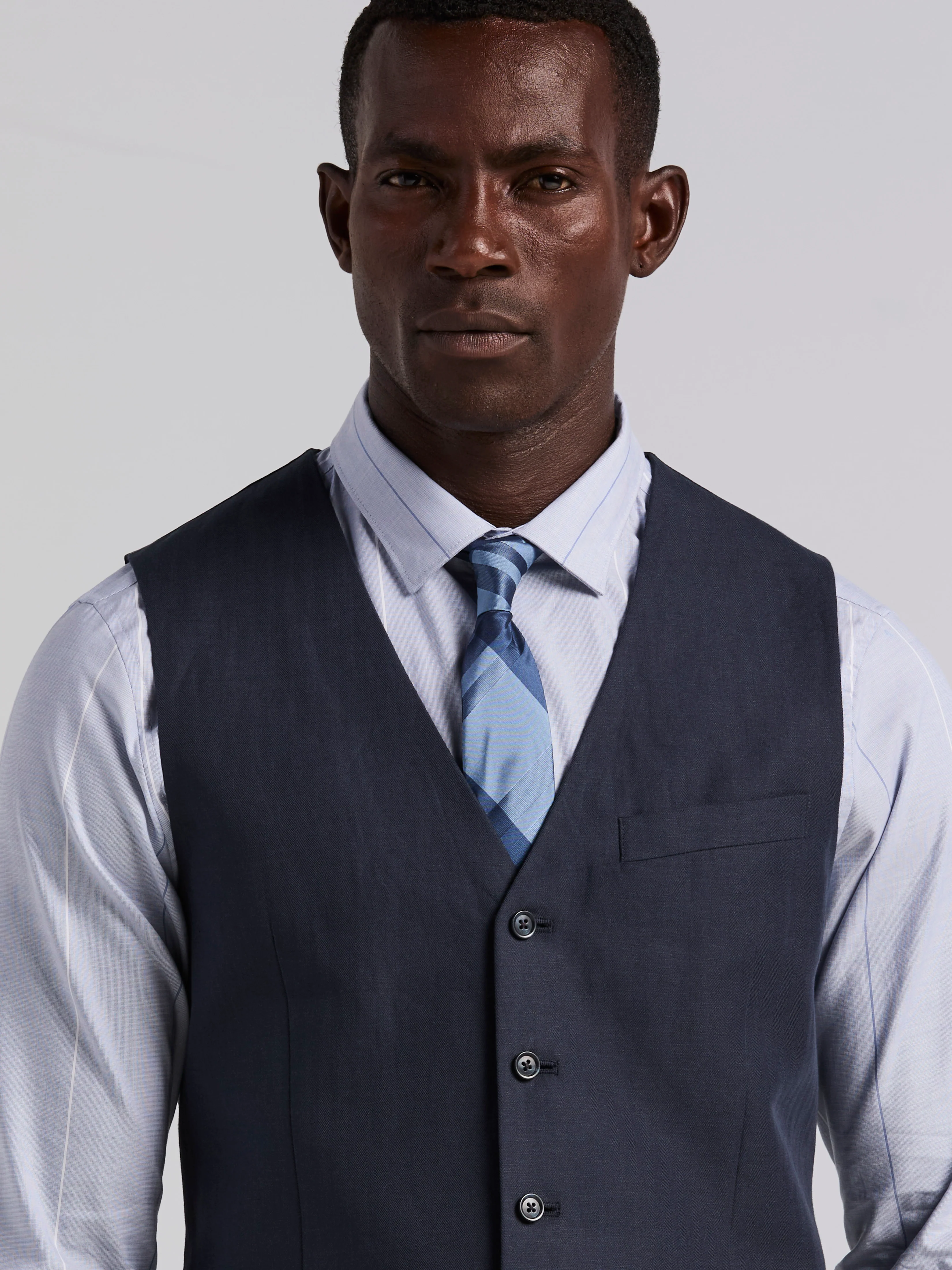 Slim Fit Linen Blend Herringbone Stretch Vest - Image 2