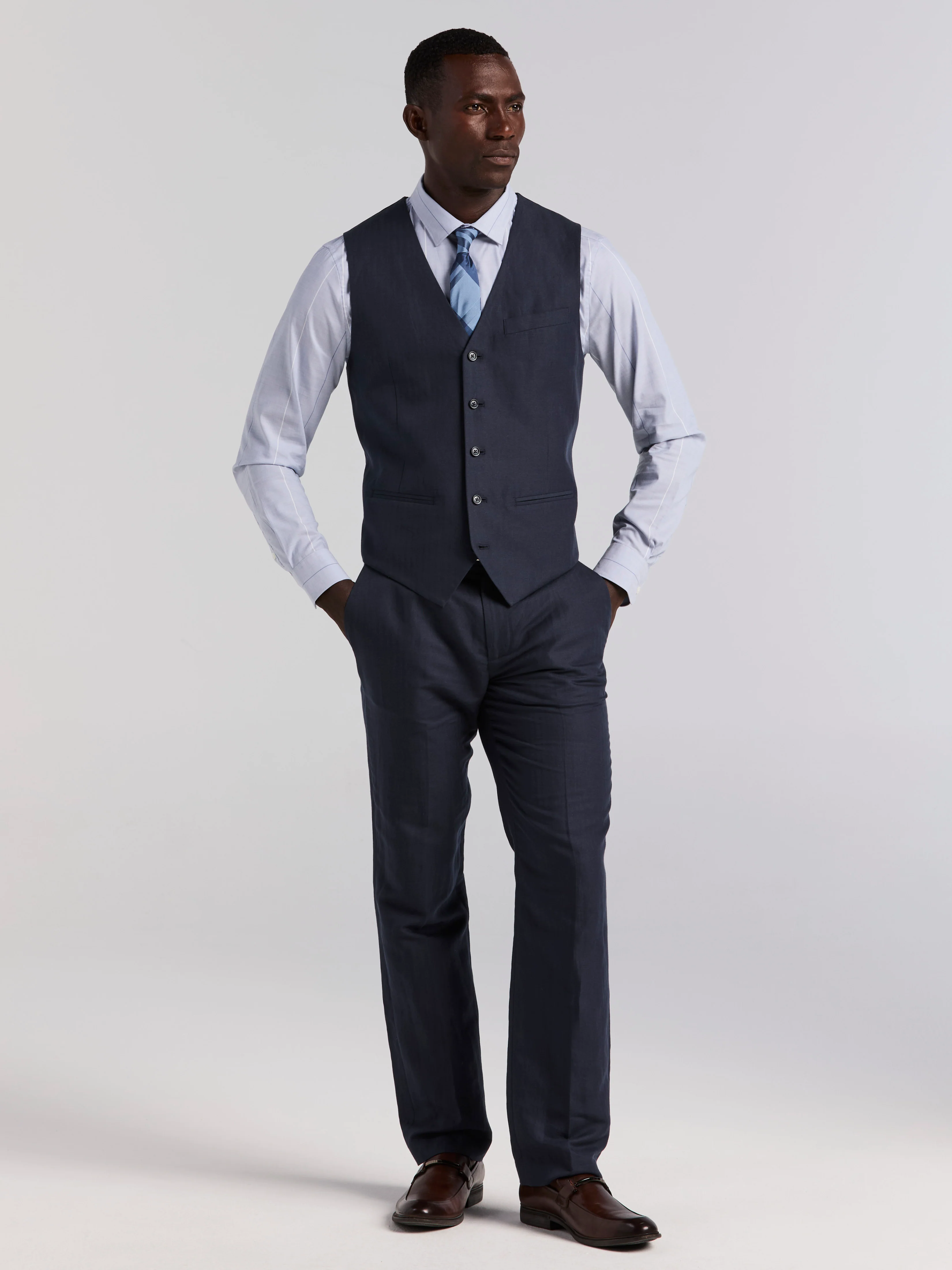 Slim Fit Linen Blend Herringbone Stretch Vest - Image 5