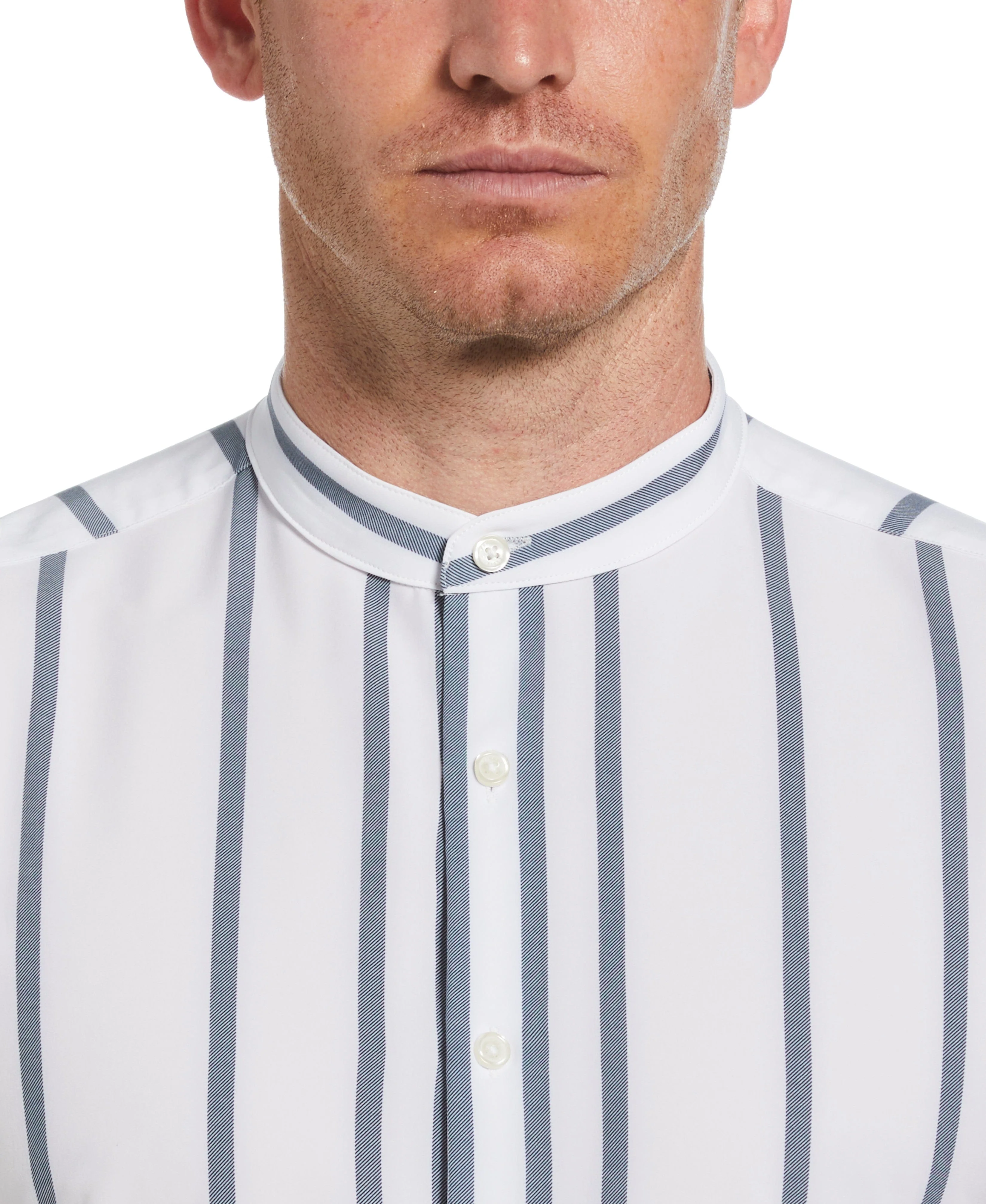 Slim Fit Total Stretch Striped Banded Collar Shirt - Image 3