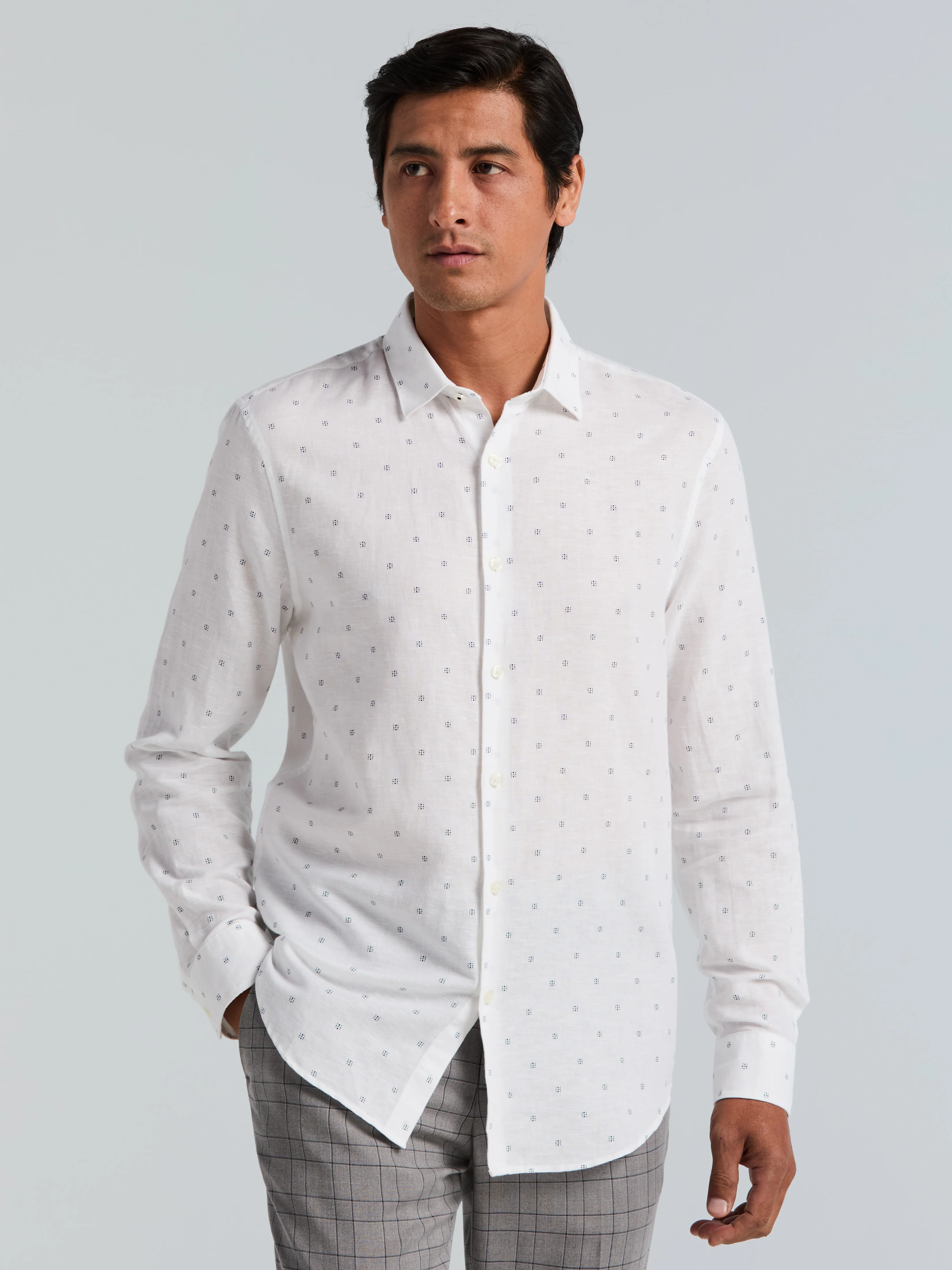 Untucked Linen Blend Geo Dot Print Shirt - Image 12
