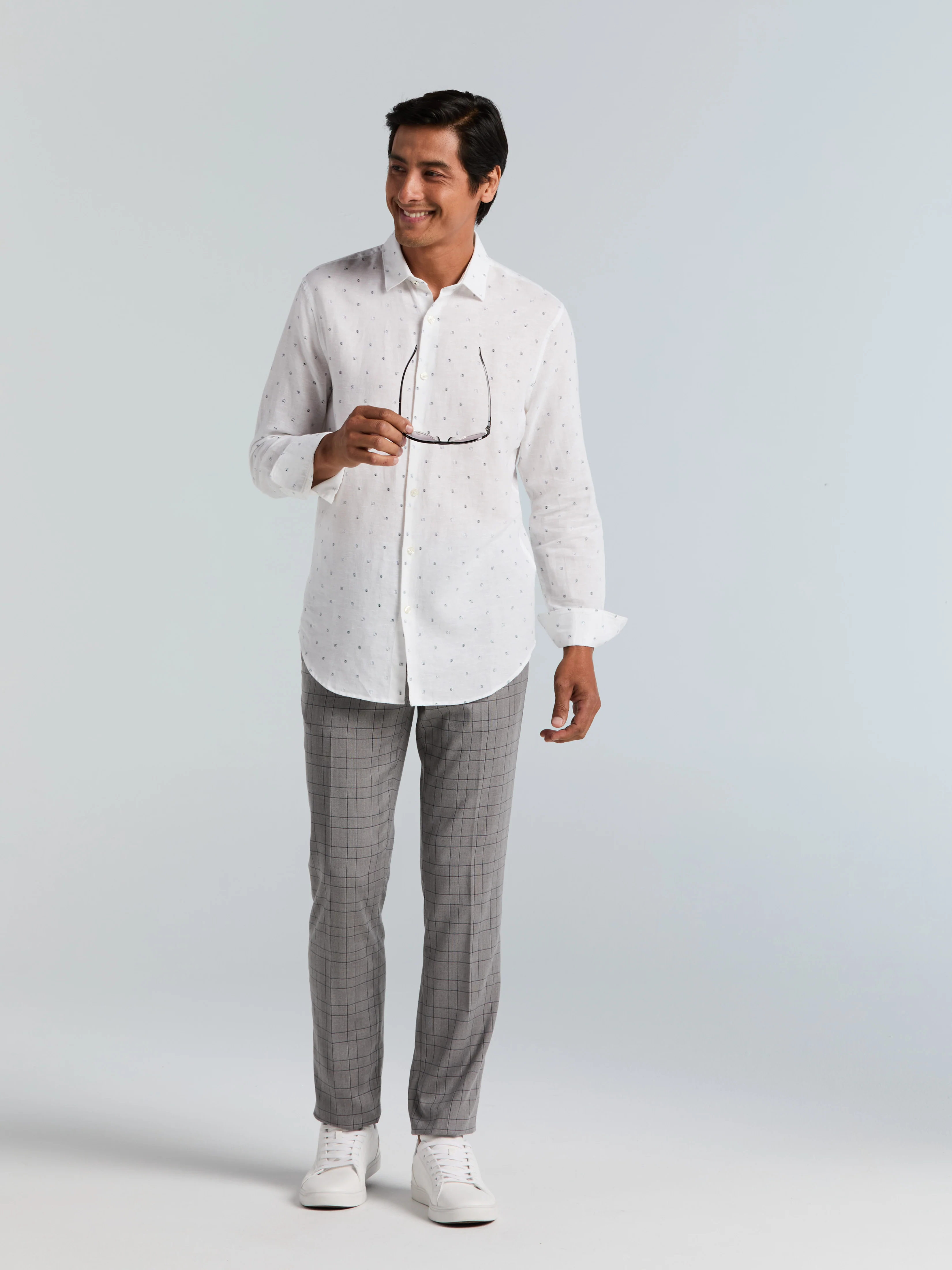 Untucked Linen Blend Geo Dot Print Shirt - Image 7