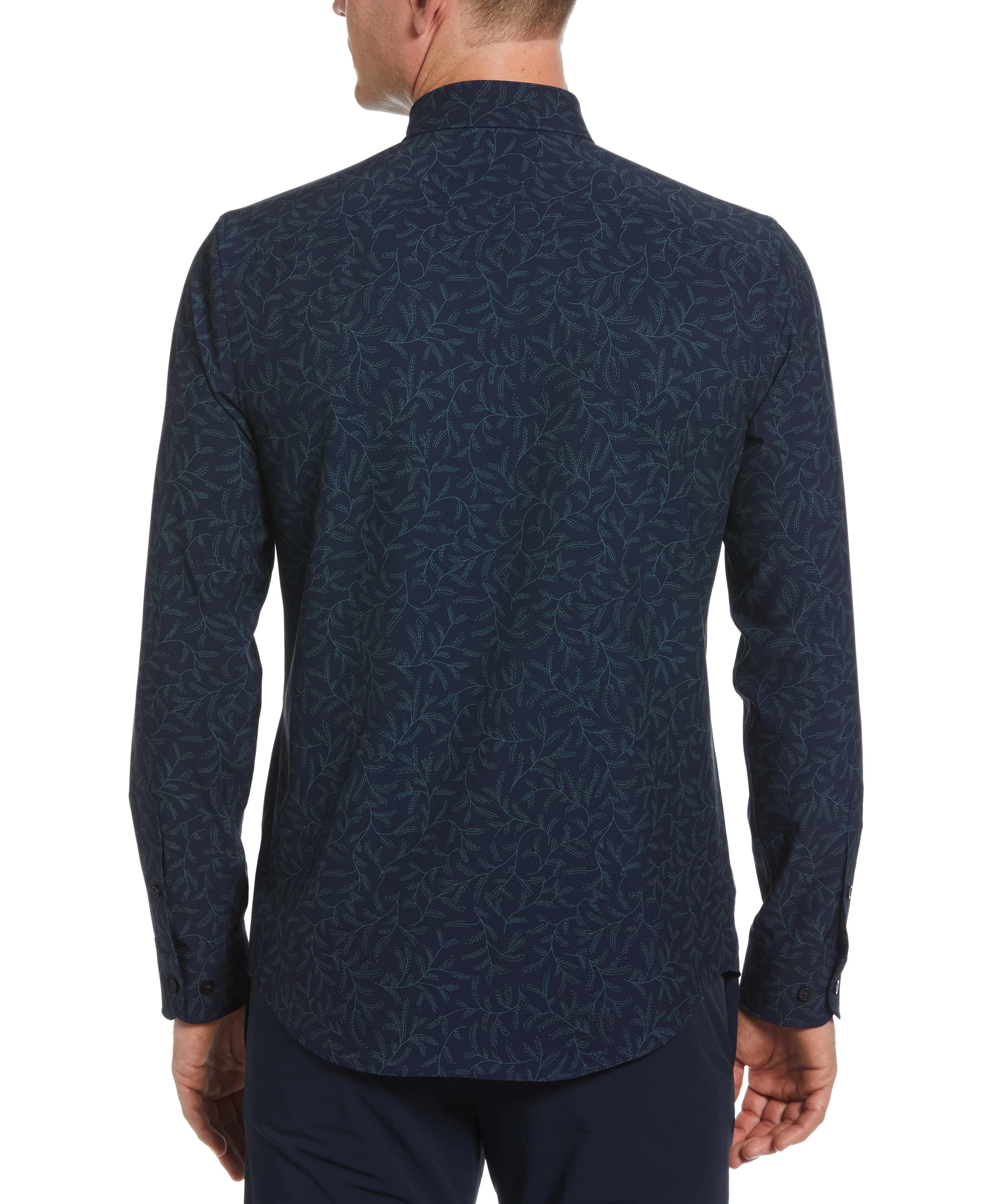 Untucked Total Stretch Slim Fit Leaf Print Shirt - Navy Blue - Image 2