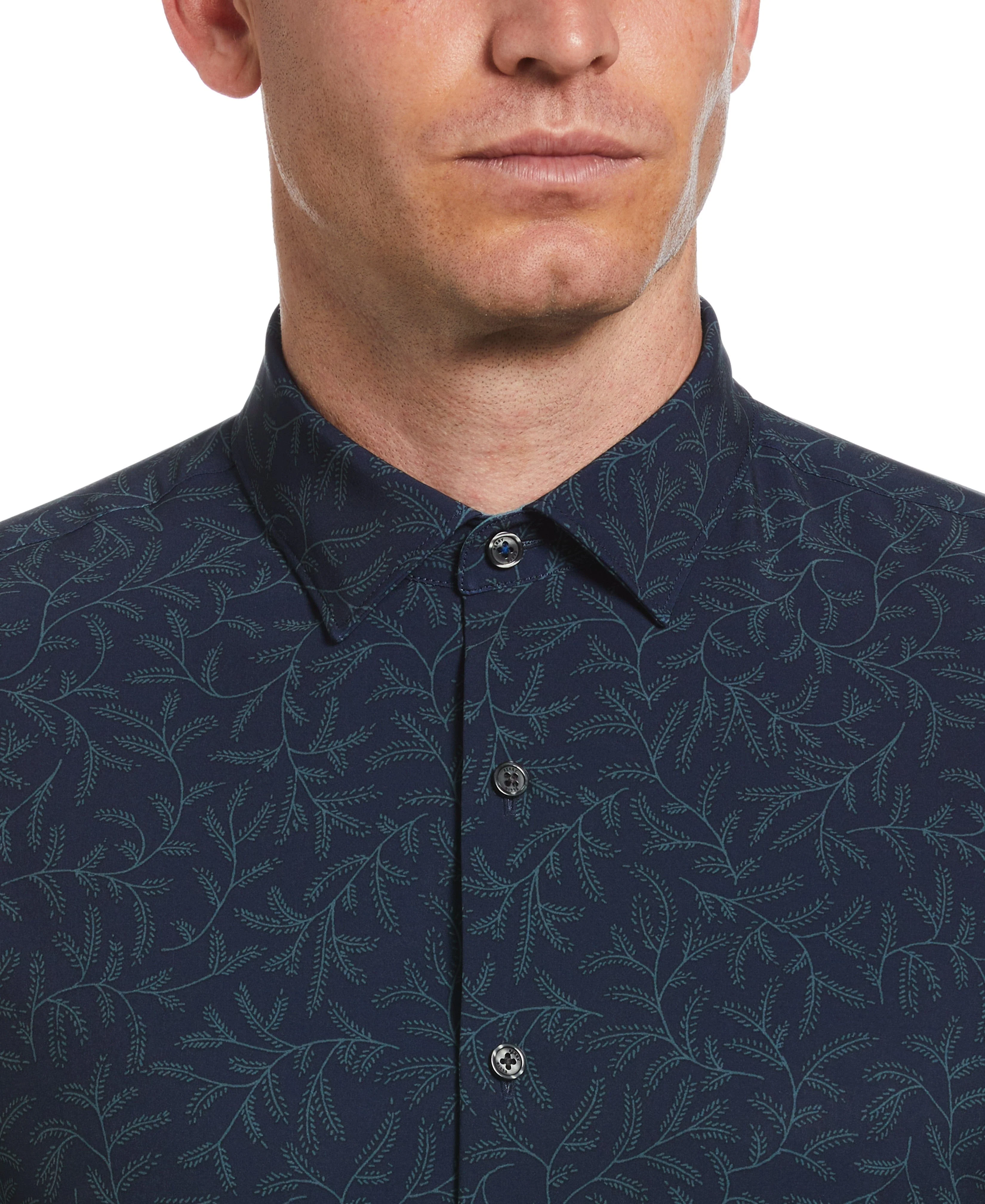 Untucked Total Stretch Slim Fit Leaf Print Shirt - Navy Blue - Image 3