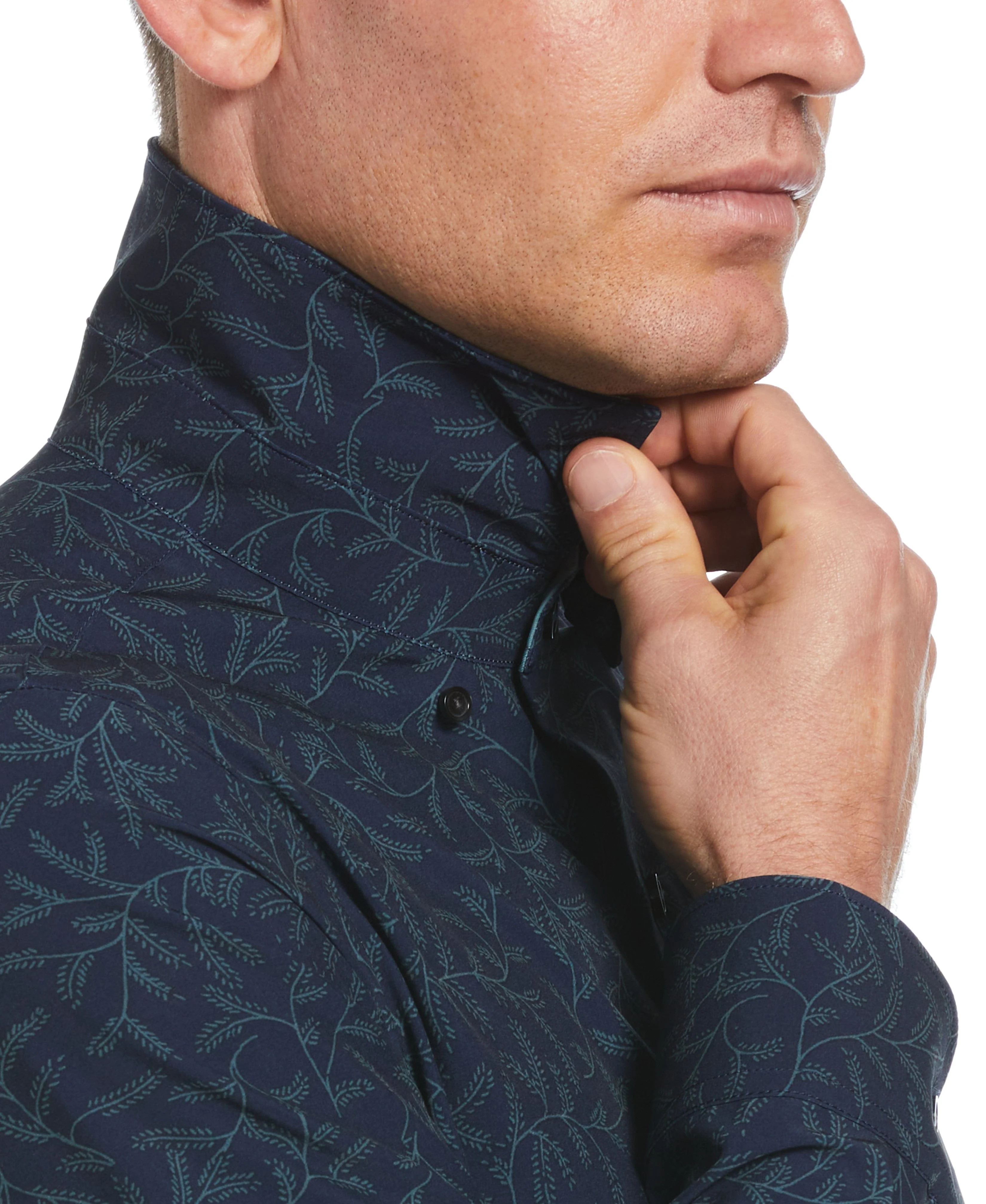 Untucked Total Stretch Slim Fit Leaf Print Shirt - Navy Blue - Image 4
